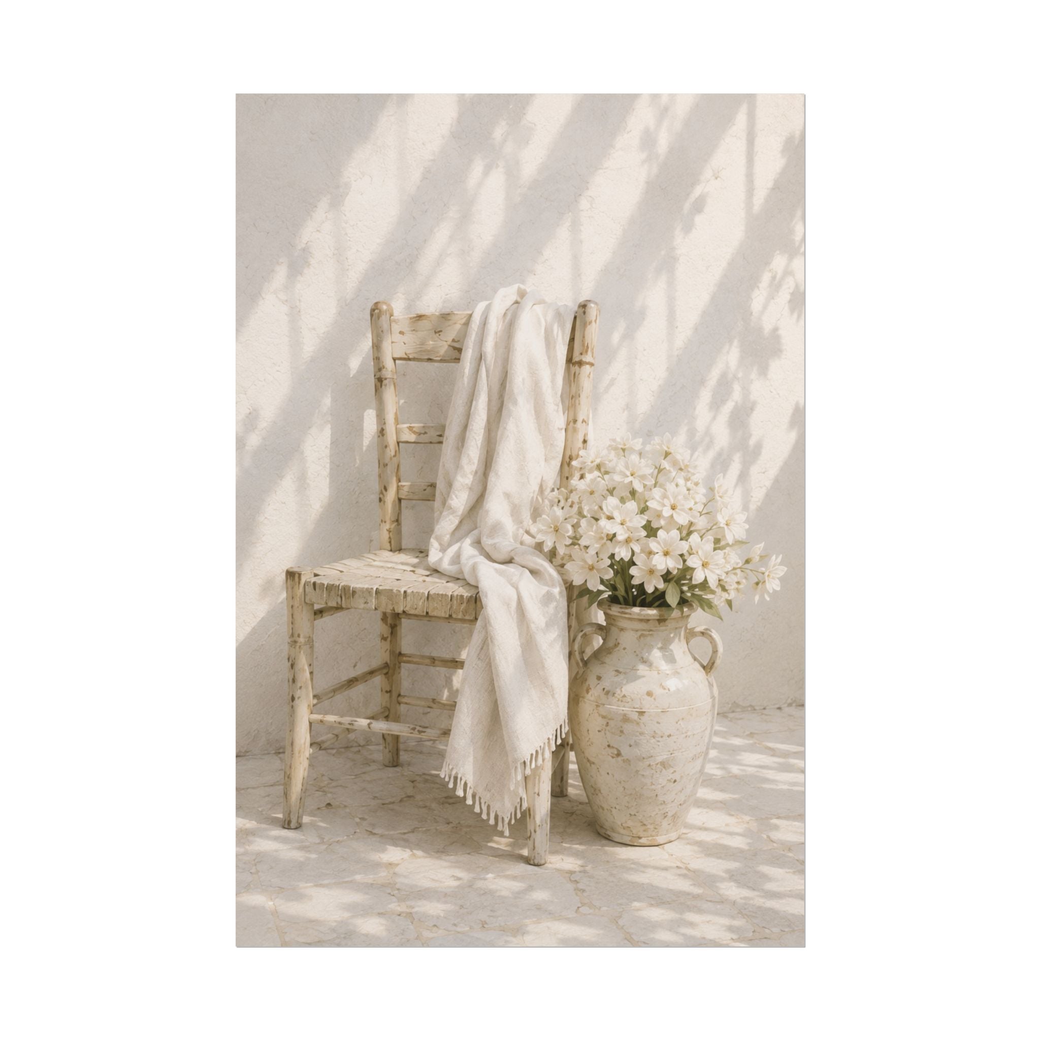 Mediterranean Poster, Neutral Coastal Wall Art, Rustic Chair & White Flowers Print, Minimalist Mediterranean Home Decor, Solen