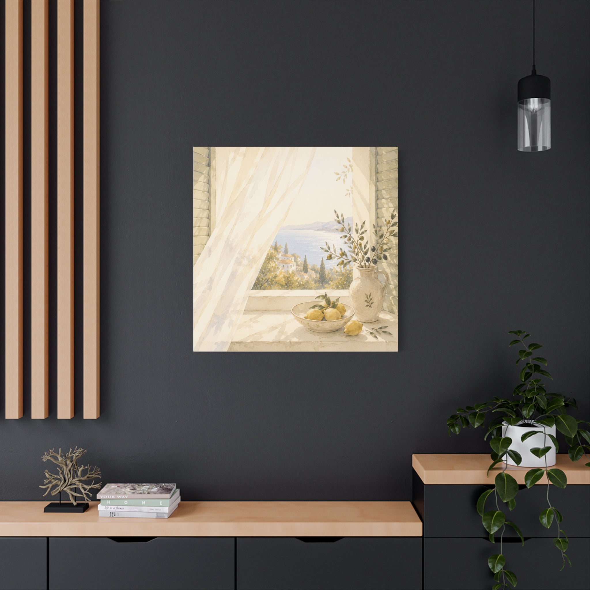Golden Morning Window Canvas Wall Art, Mediterranean Lemon & Olive Print, Sunlit Linen Curtain Coastal Decor, Window Stories, Solen