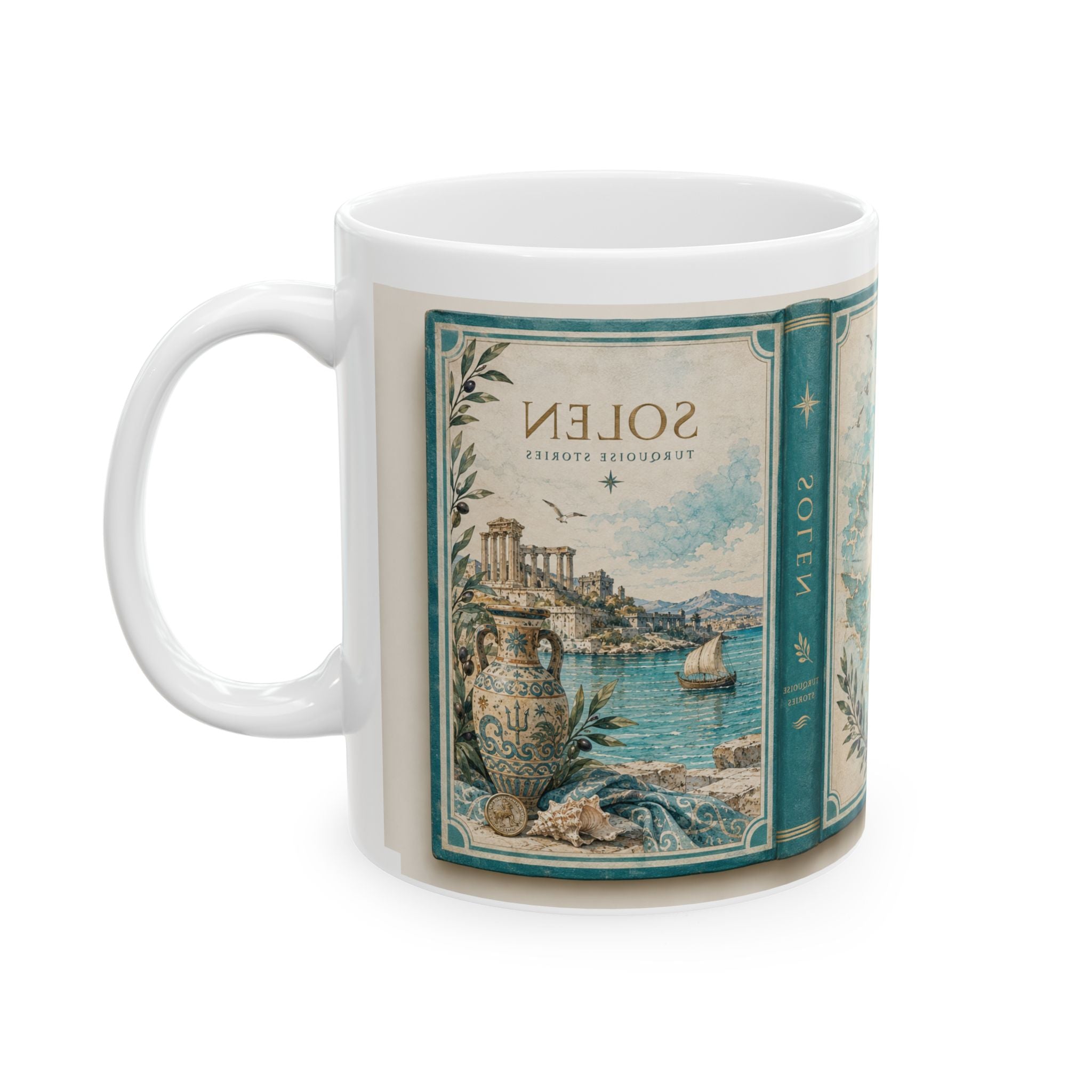 Mediterranean Vintage Label Ceramic Mug, Coastal Coffee Cup, Retro Kitchen Decor, Gift for Coffee Lovers, Solen