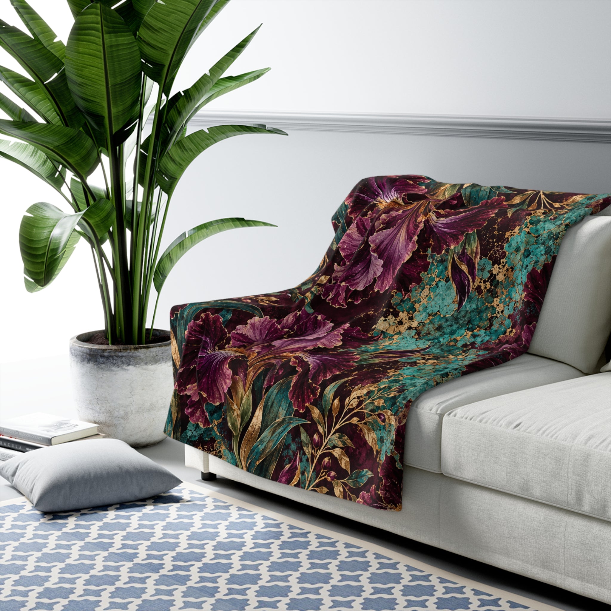 Floral Vintage Sherpa Blanket — Plush Purple Iris & Teal Botanical Throw
