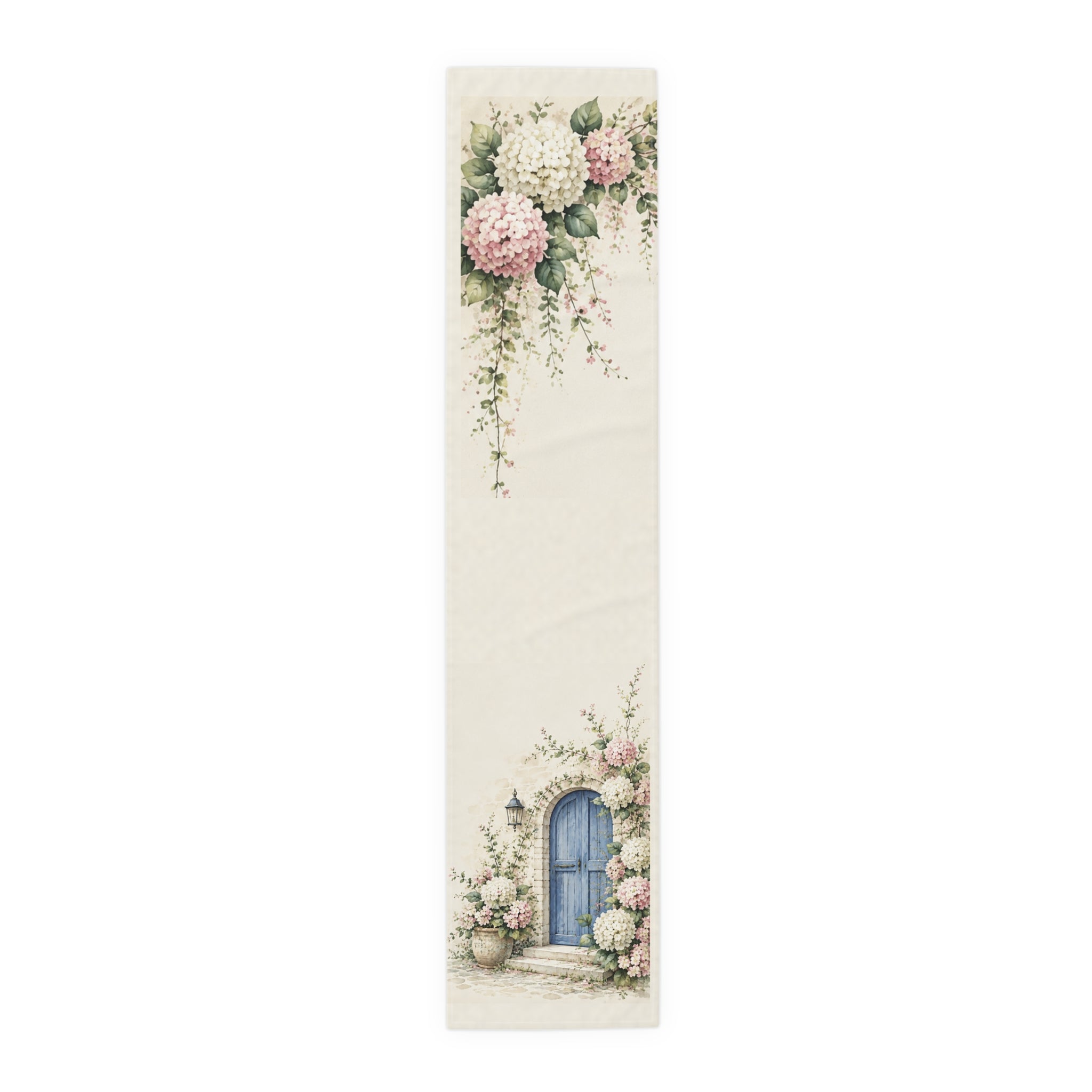 Hydrangea Dream Mavi Kapı Table Runner - Blue Door & Pink Hydrangea Watercolor Decor - Solen Art