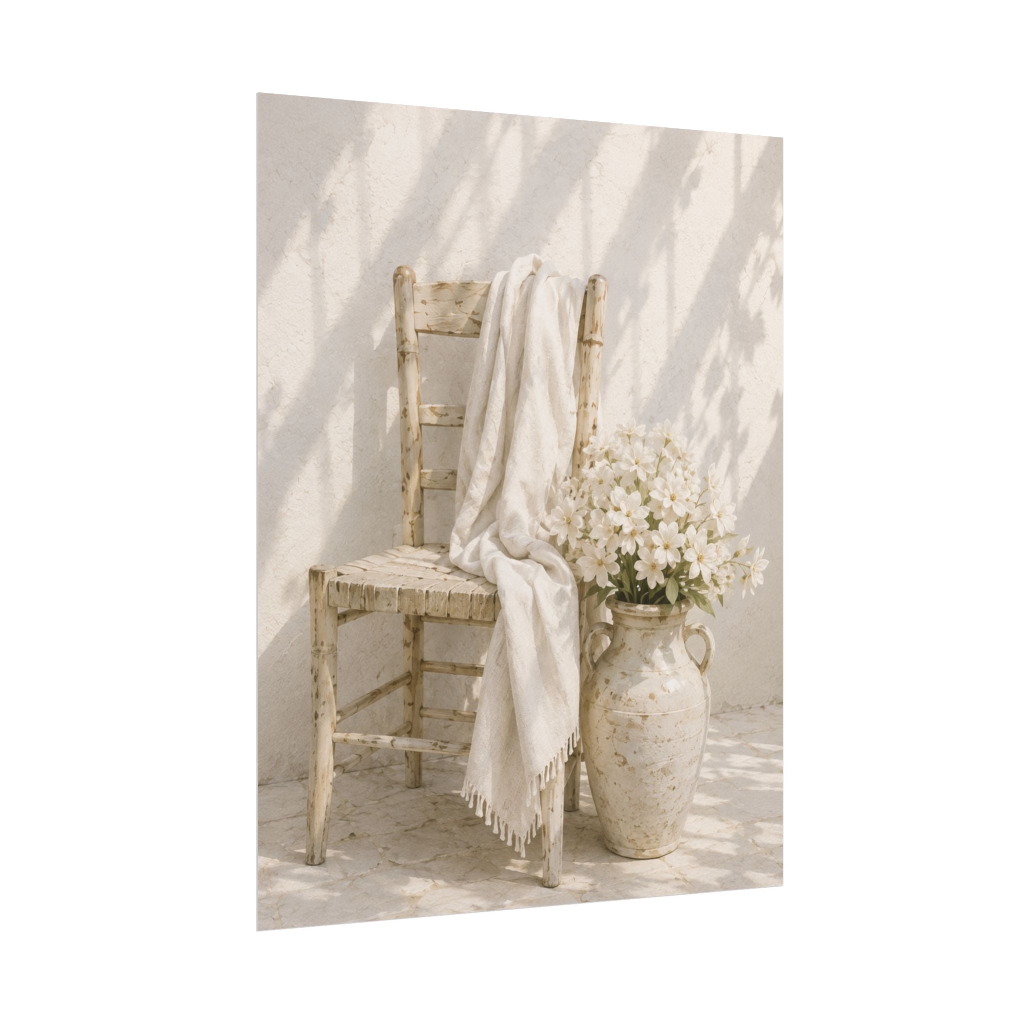 Mediterranean Poster, Neutral Coastal Wall Art, Rustic Chair & White Flowers Print, Minimalist Mediterranean Home Decor, Solen