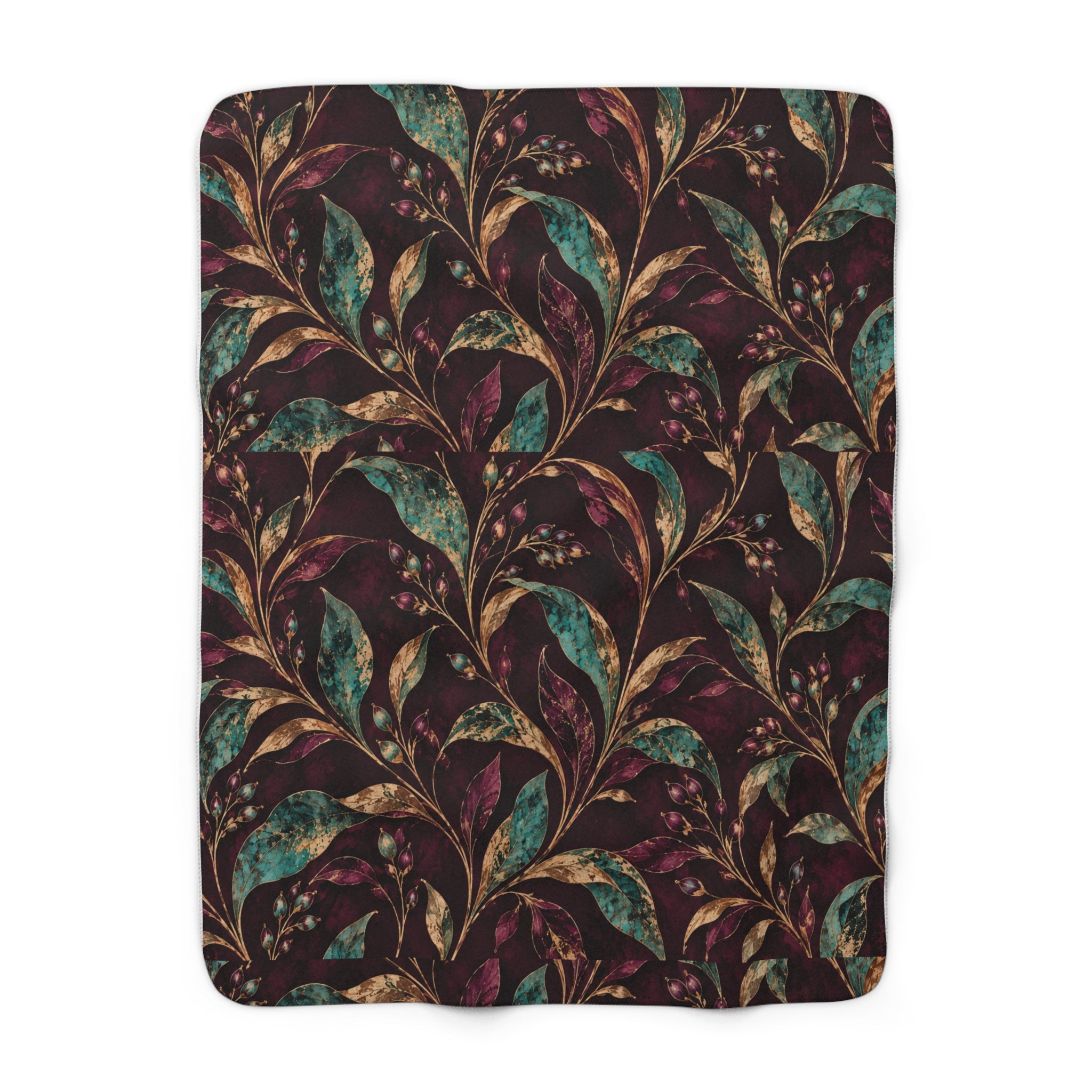 Burgundy Botanical Sherpa Fleece Blanket, Teal Gold Leaf Throw, Cozy Plush Blanket for Couch Bed, Housewarming Gift, Fall Home Decor