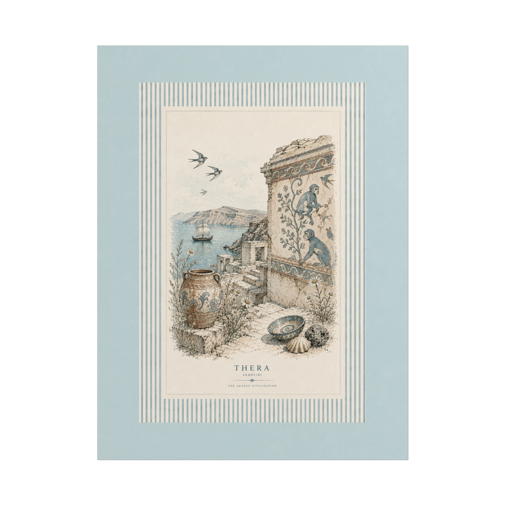 Thera Aegean Fresco Rolled Poster | Ancient Minoan Monkey & Ruins Illustration | Coastal Blue Home Decor, Solen
