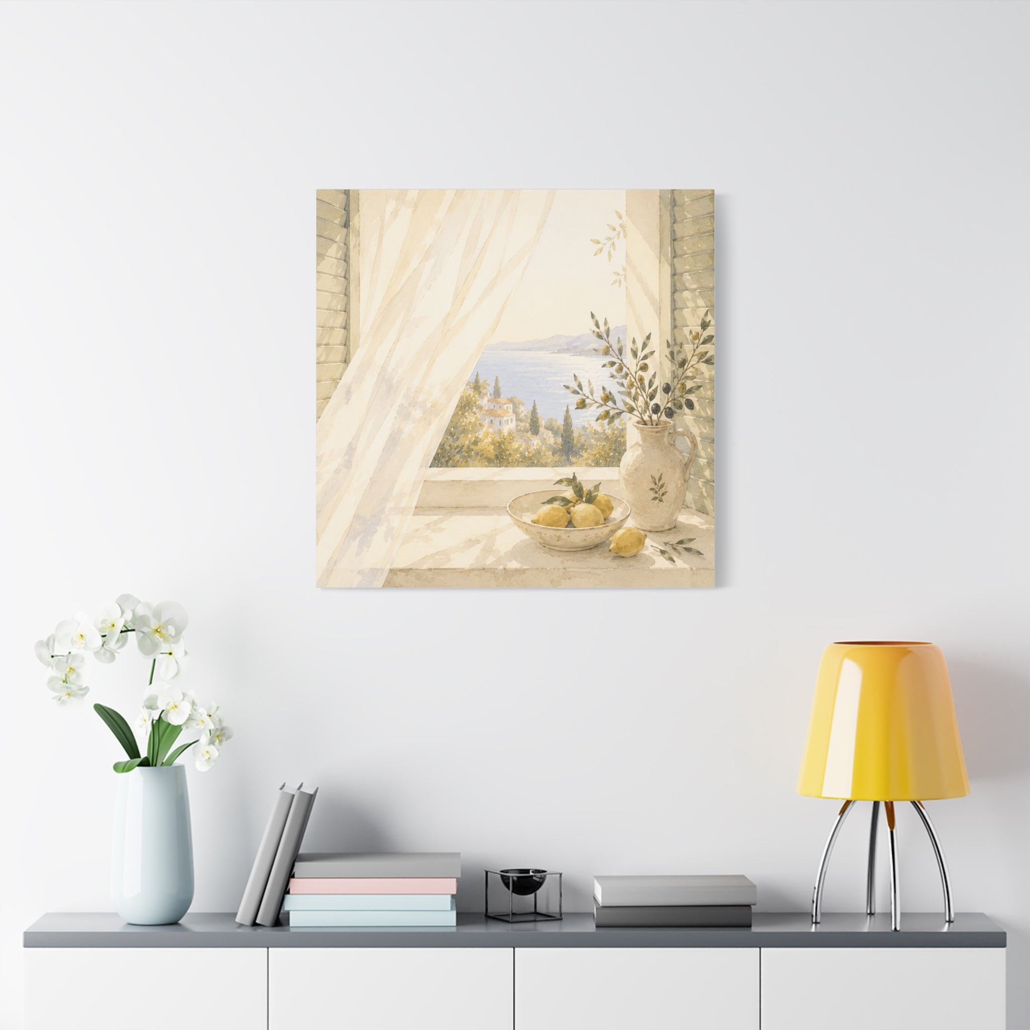 Golden Morning Window Canvas Wall Art, Mediterranean Lemon & Olive Print, Sunlit Linen Curtain Coastal Decor, Window Stories, Solen