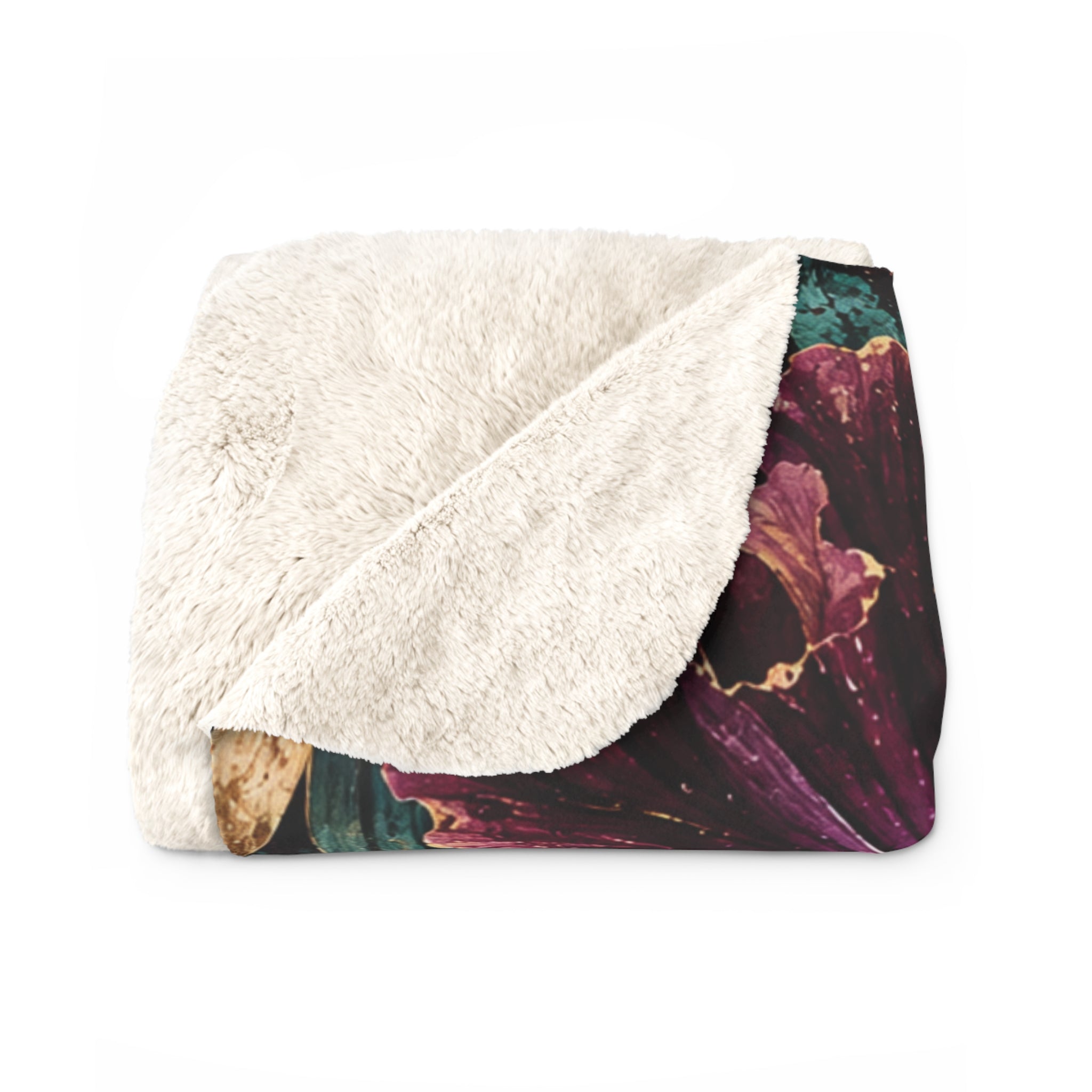 Floral Vintage Sherpa Blanket — Plush Purple Iris & Teal Botanical Throw