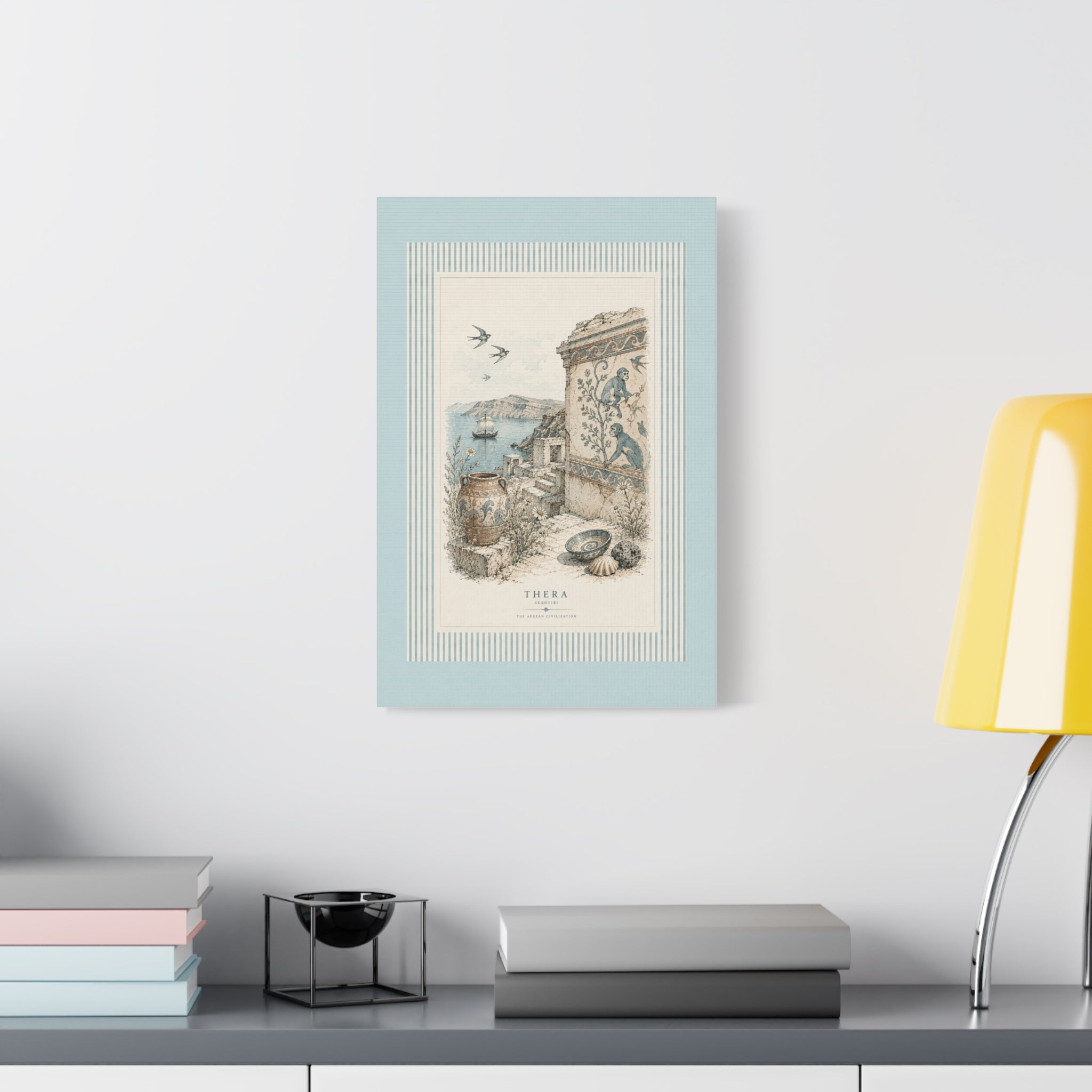 Thera Aegean Fresco Canvas Wall Art | Ancient Minoan Monkey & Ruins Illustration | Coastal Blue Home Decor, Solen