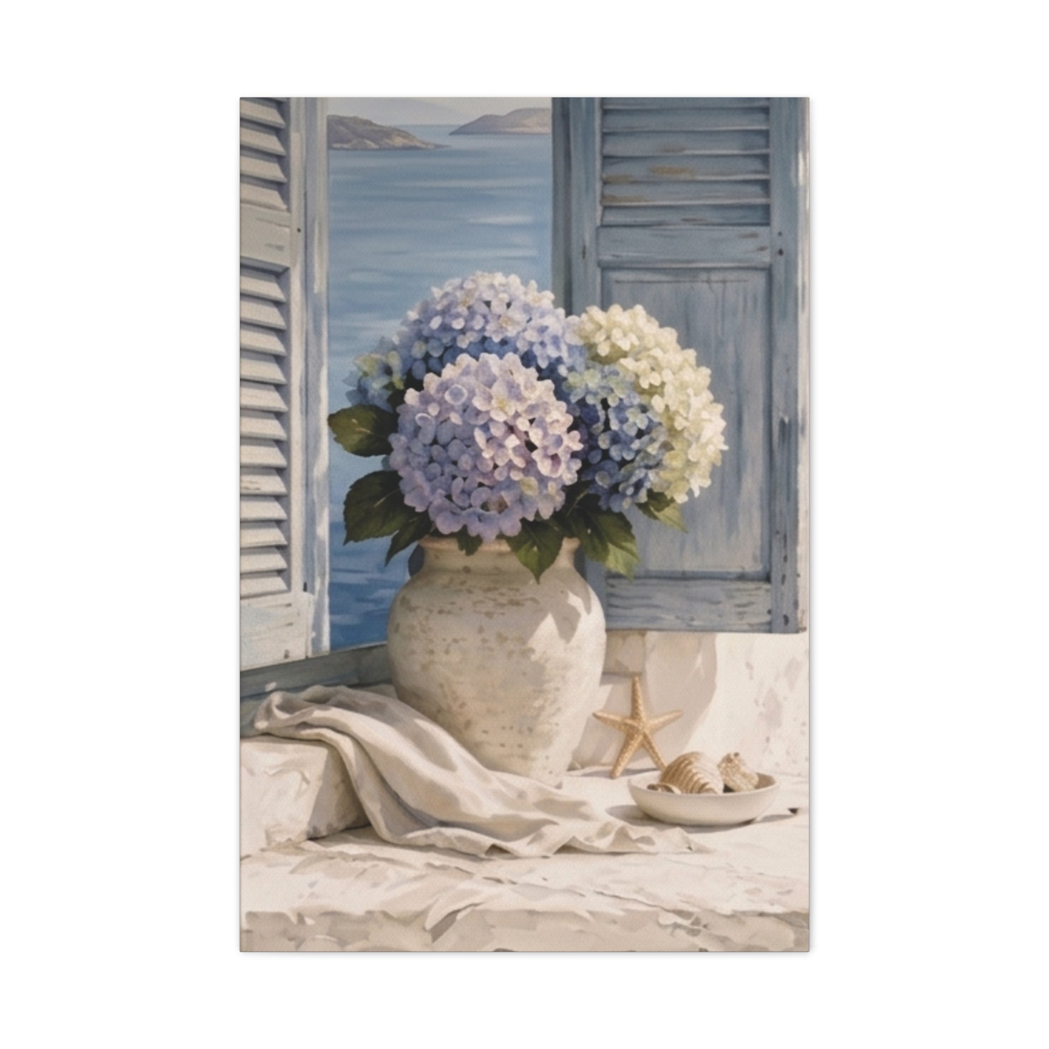 Coastal Hydrangea Canvas Wall Art, Blue Flowers by the Window Print, Mediterranean Seaside Decor, Botanical Living Room Art, Solen