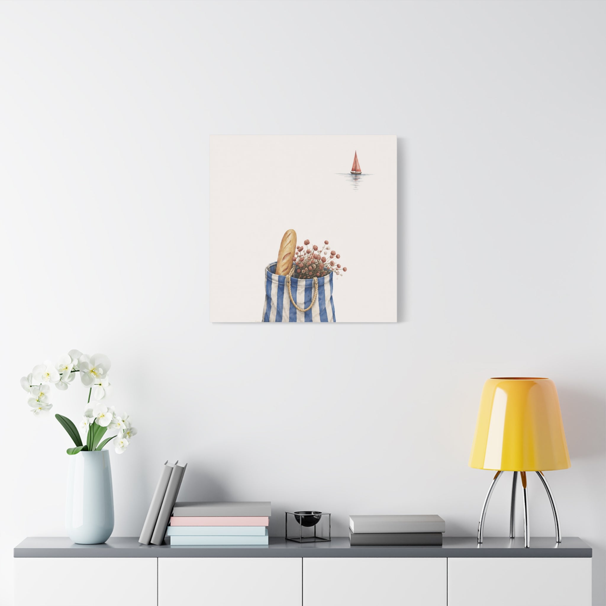 Market Bag by the Sea Canvas Print – Blue & Salt Mediterranean Kitchen Wall Art | Solen