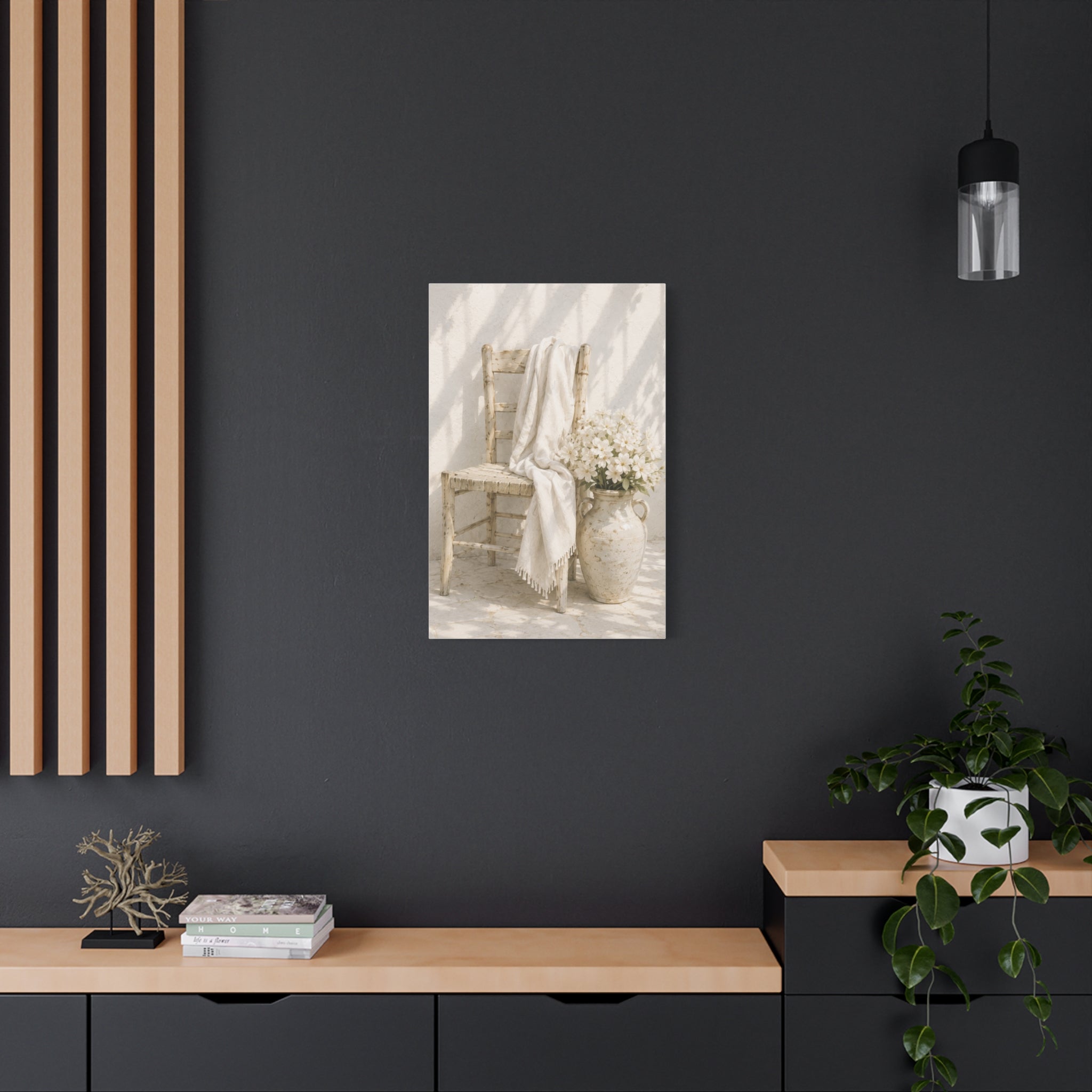 Neutral Cottage Chair Canvas Print, Rustic Chair with Vase Wall Art, Minimalist Mediterranean Decor, Beige Cottage Art, Solen