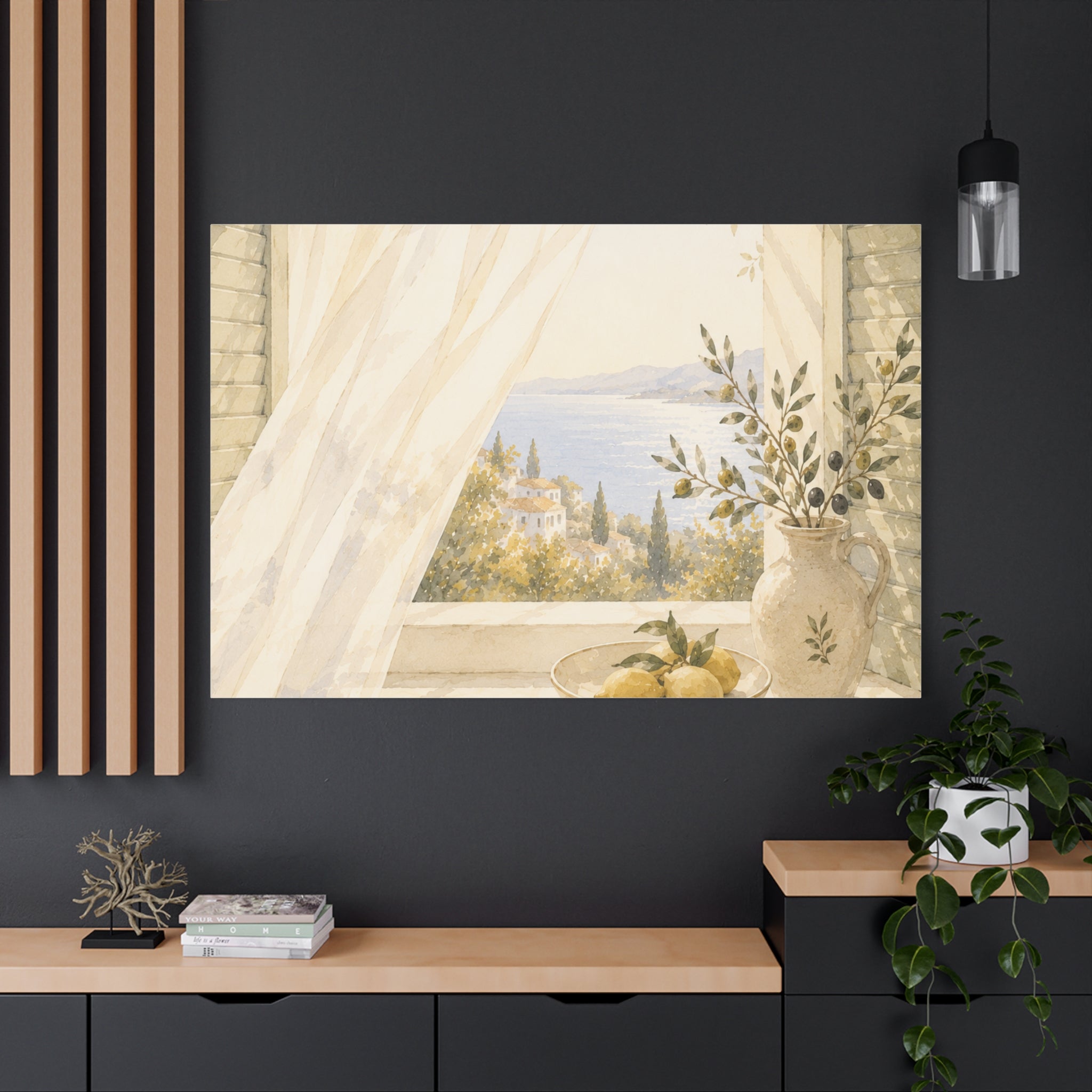 Golden Morning Window Canvas Wall Art, Mediterranean Lemon & Olive Print, Sunlit Linen Curtain Coastal Decor, Window Stories, Solen