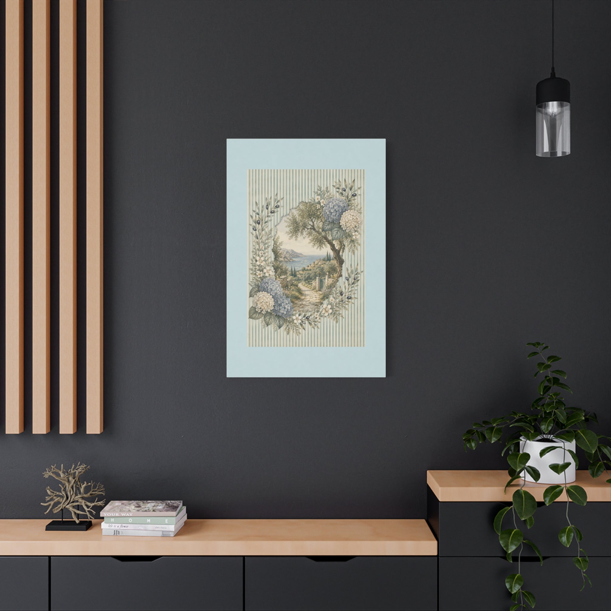 Coastal Garden Canvas Wall Art, Vintage Hydrangea Seaside Landscape Print, Blue Flower Coastal Decor, Cottage Wall Art, Solen