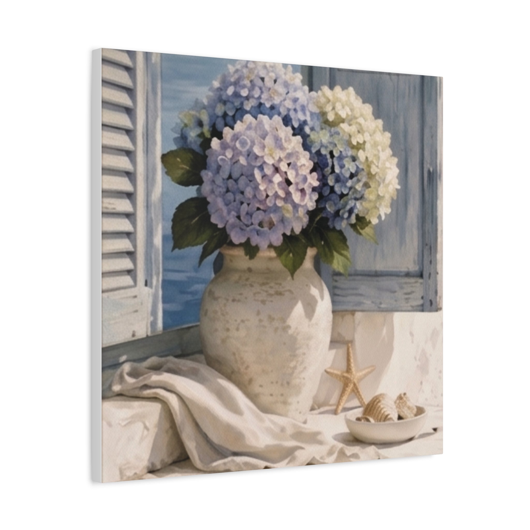 Coastal Hydrangea Canvas Wall Art, Blue Flowers by the Window Print, Mediterranean Seaside Decor, Botanical Living Room Art, Solen