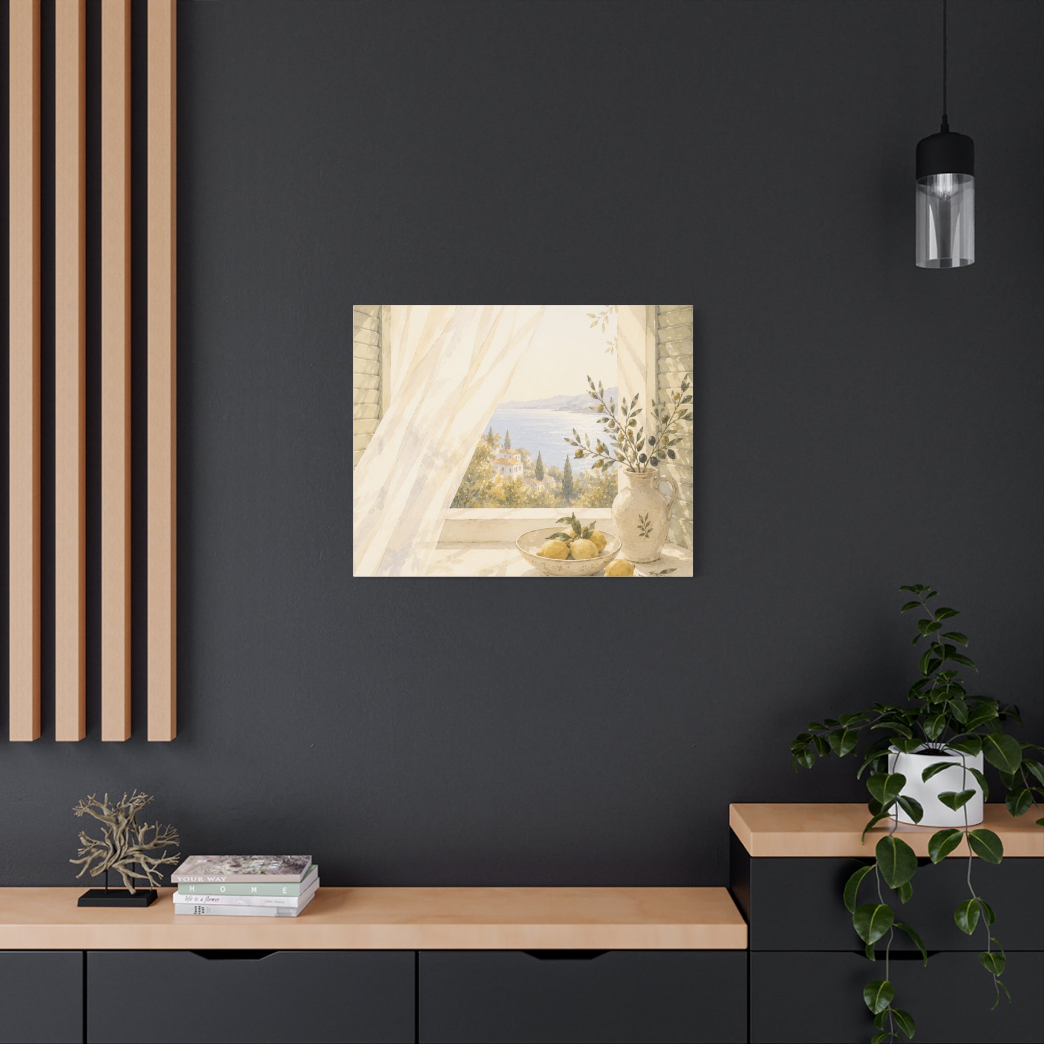 Golden Morning Window Canvas Wall Art, Mediterranean Lemon & Olive Print, Sunlit Linen Curtain Coastal Decor, Window Stories, Solen