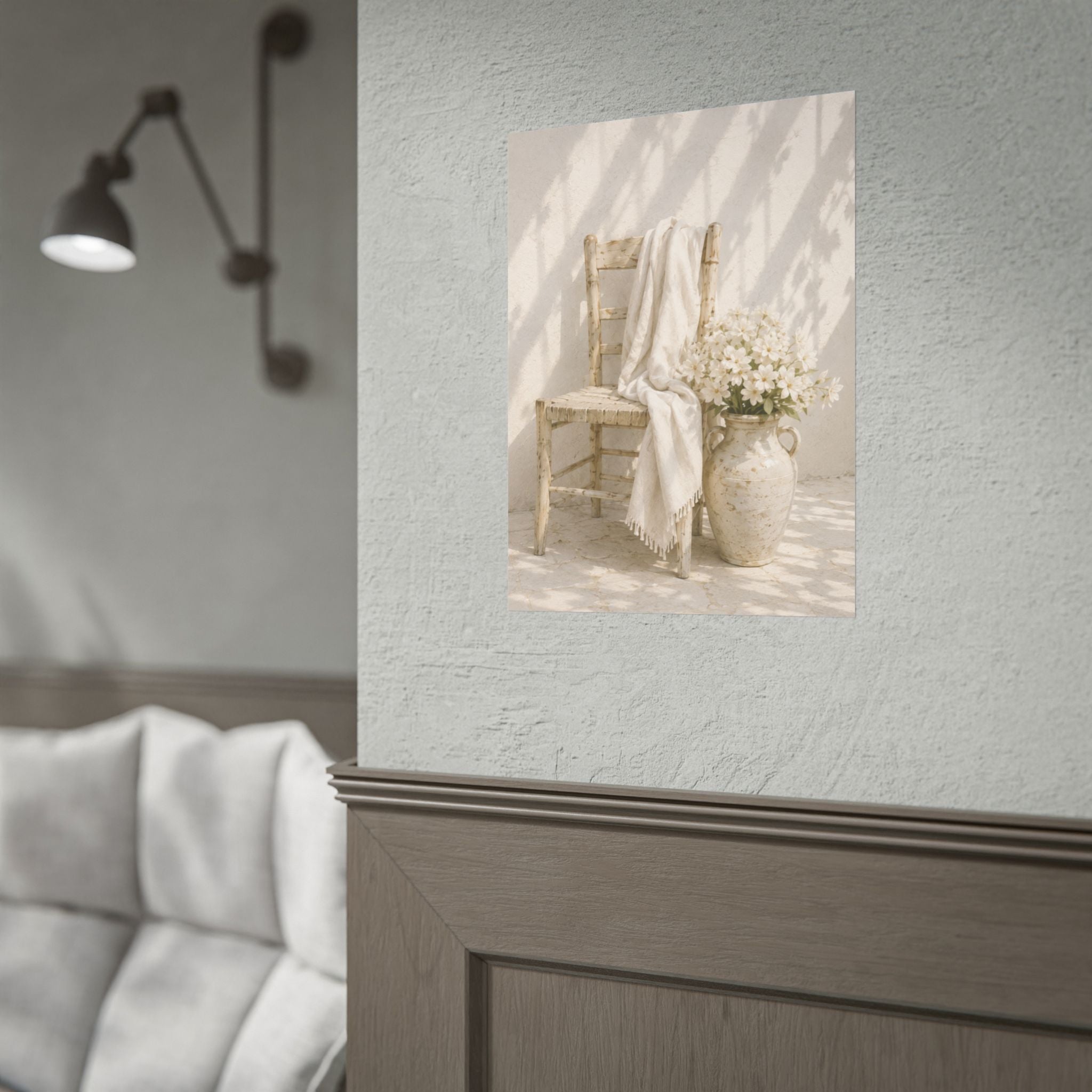Mediterranean Poster, Neutral Coastal Wall Art, Rustic Chair & White Flowers Print, Minimalist Mediterranean Home Decor, Solen