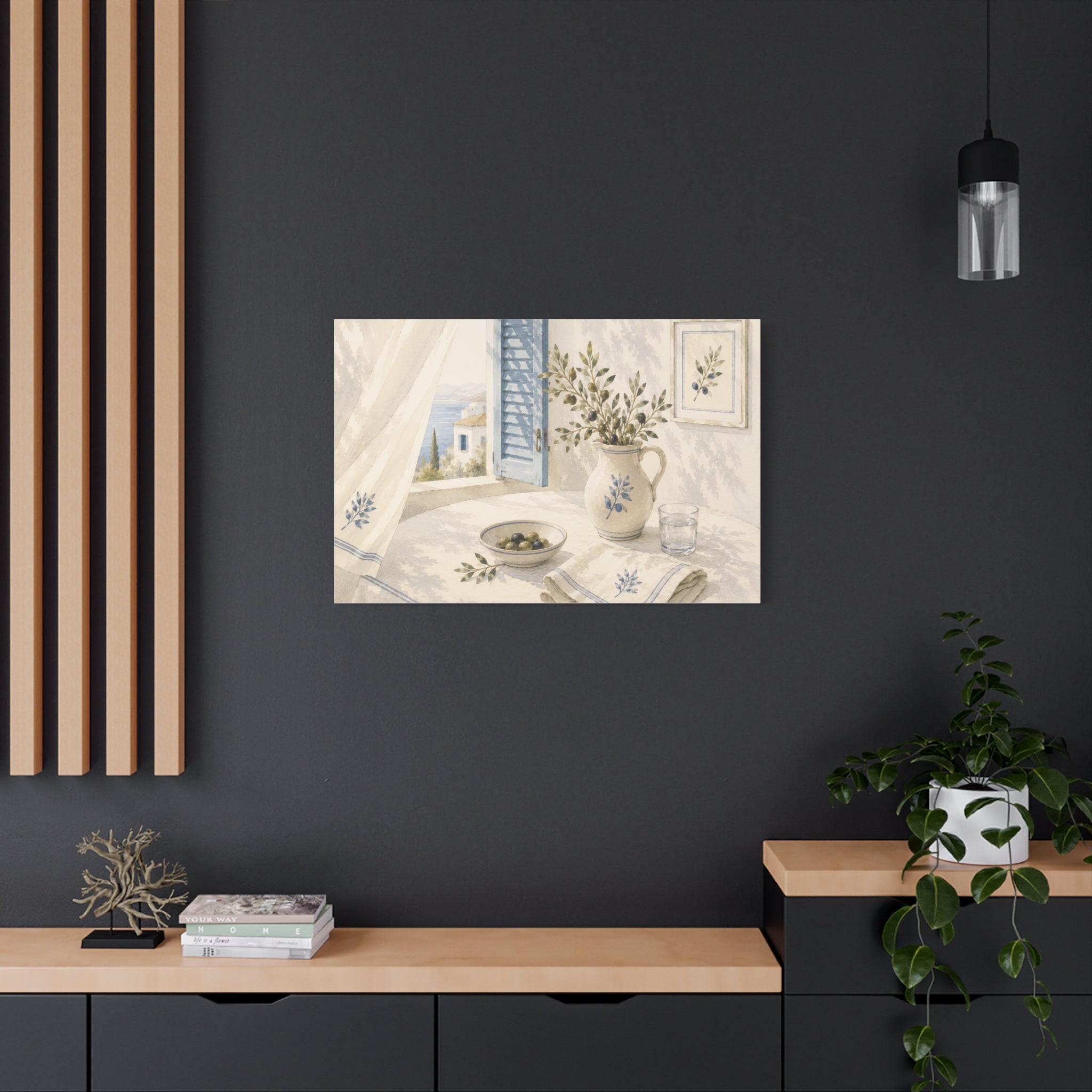 Mediterranean Window Canvas Wall Art, Blue Shutters & Olive Branch Print, Coastal Ceramic Still Life Decor, Window Stories, Solen