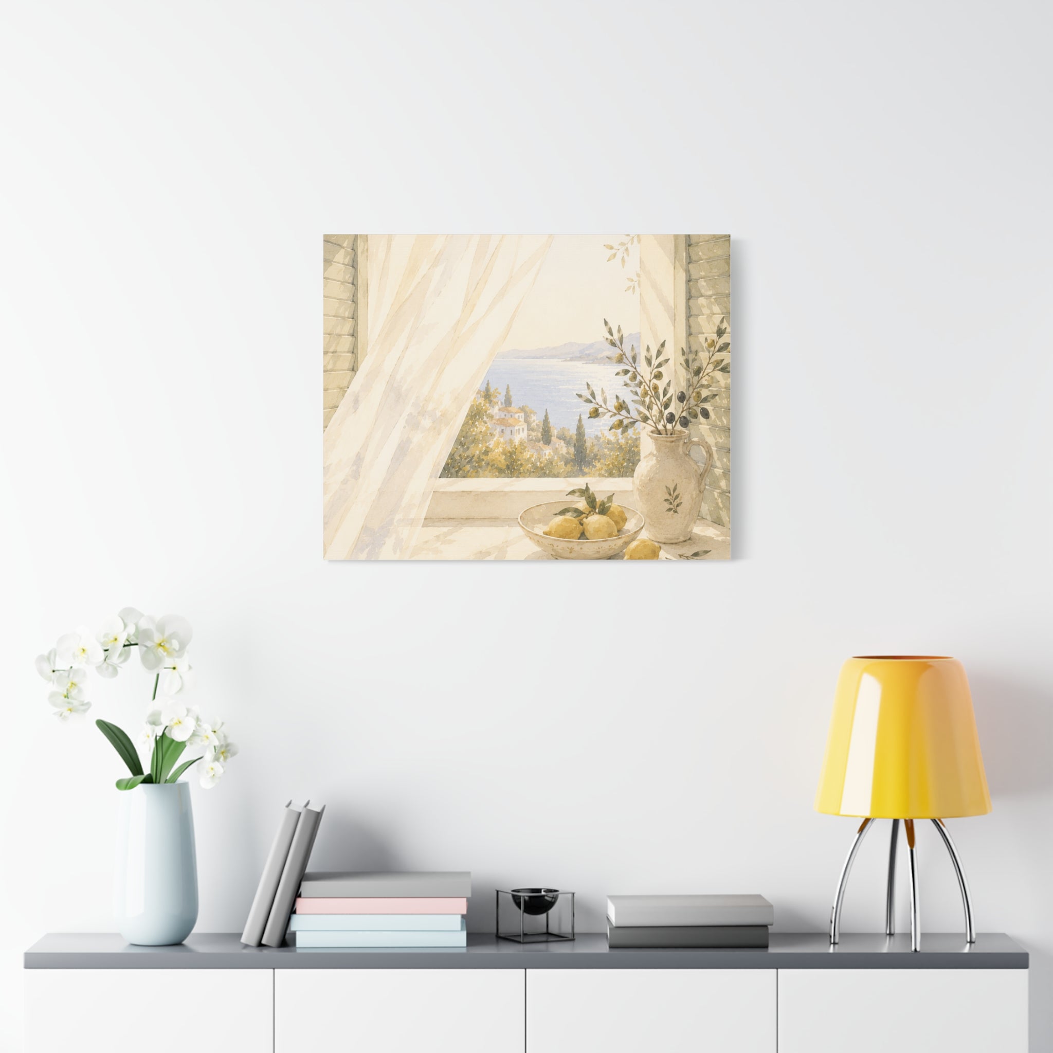 Golden Morning Window Canvas Wall Art, Mediterranean Lemon & Olive Print, Sunlit Linen Curtain Coastal Decor, Window Stories, Solen