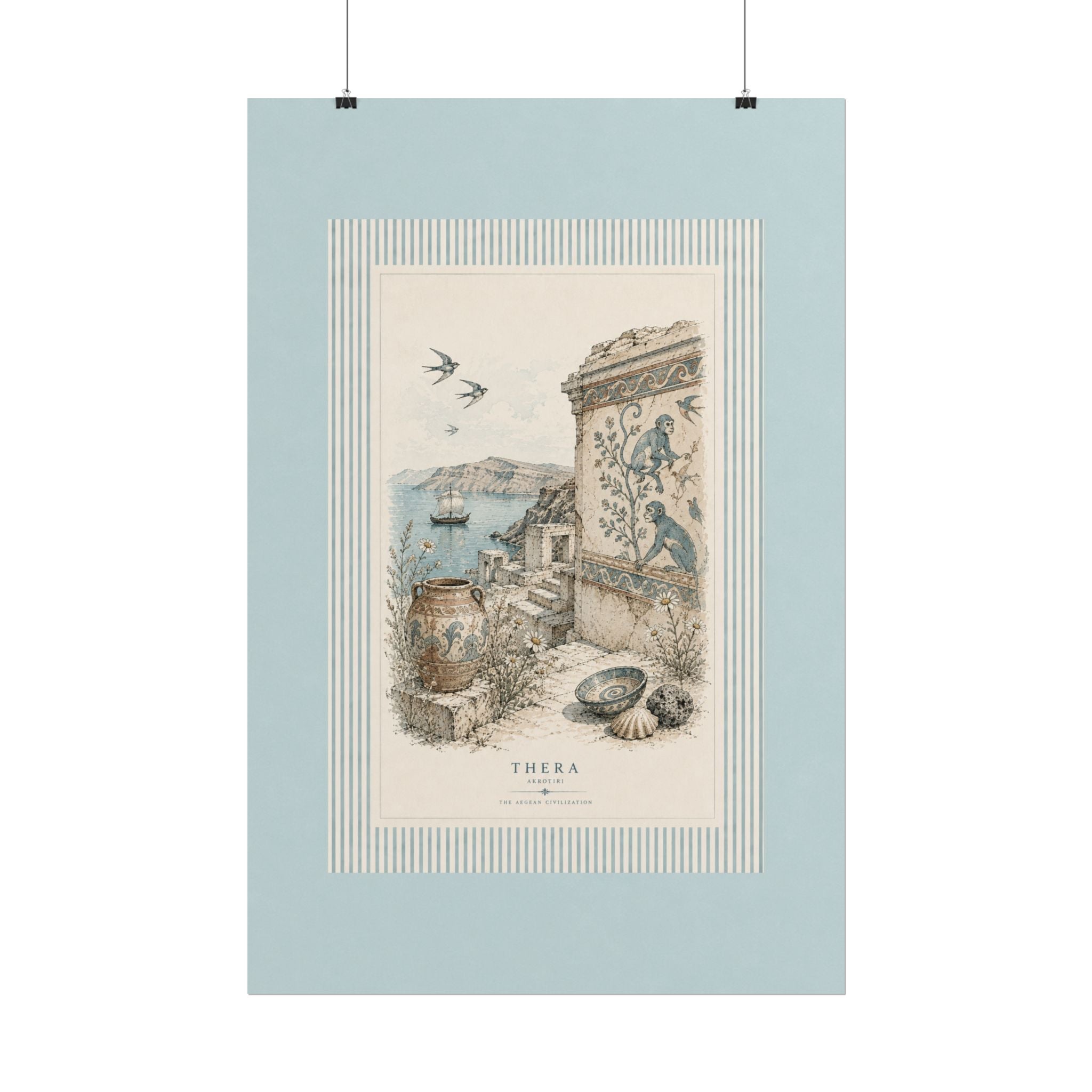Thera Aegean Fresco Rolled Poster | Ancient Minoan Monkey & Ruins Illustration | Coastal Blue Home Decor, Solen