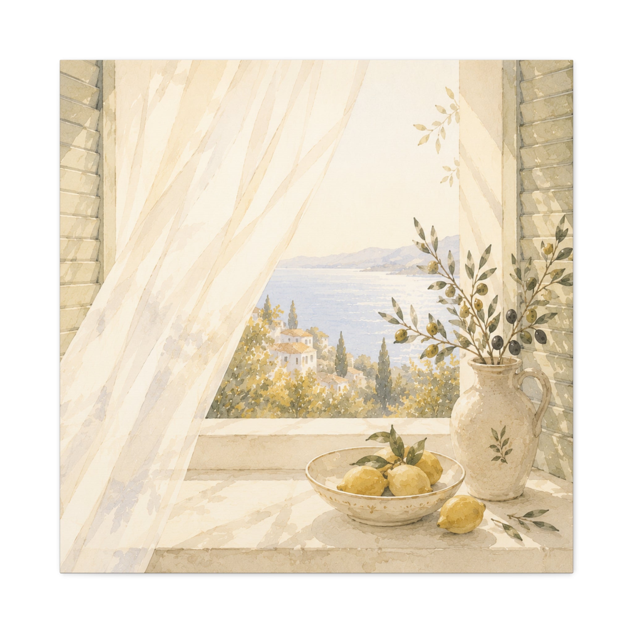 Golden Morning Window Canvas Wall Art, Mediterranean Lemon & Olive Print, Sunlit Linen Curtain Coastal Decor, Window Stories, Solen
