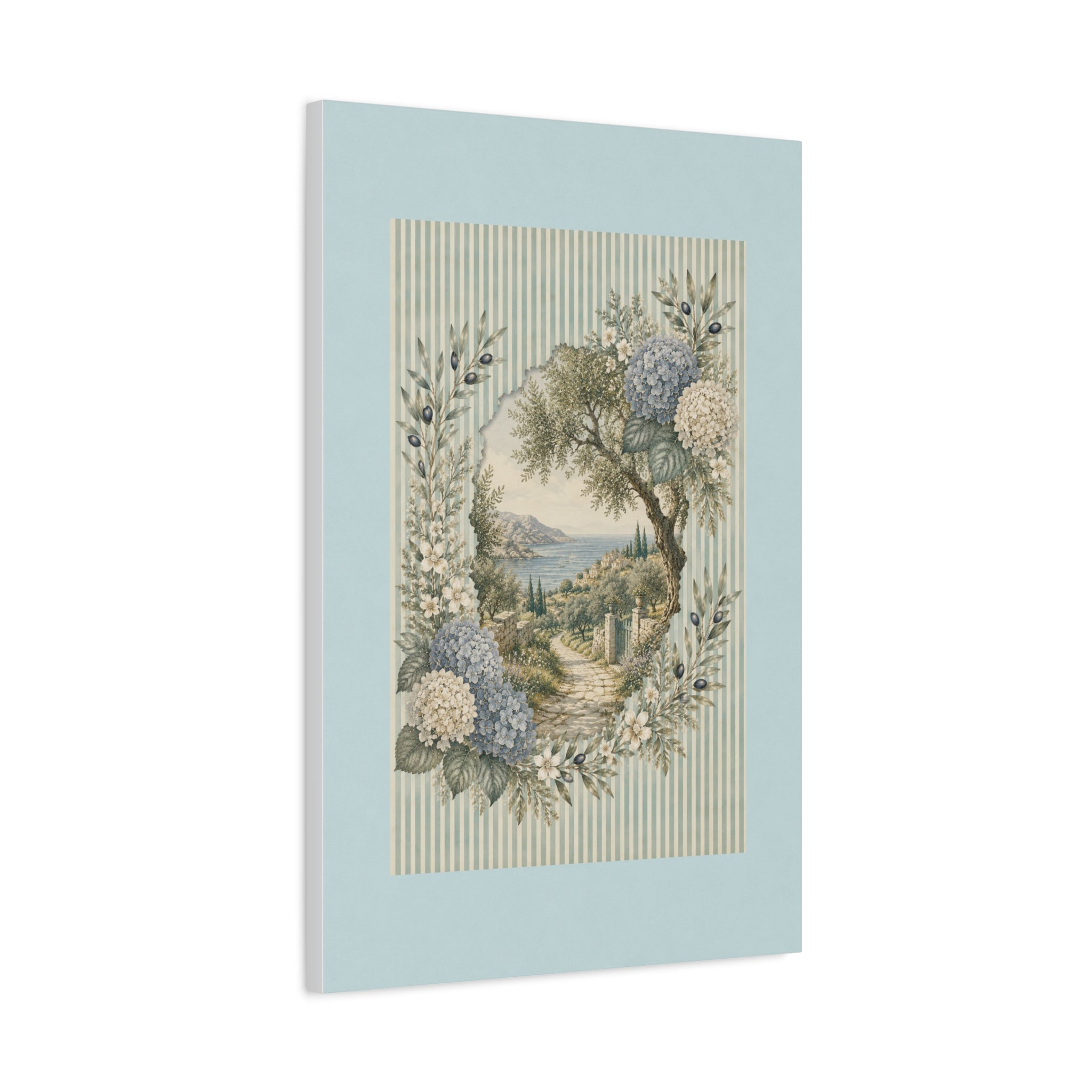 Coastal Garden Canvas Wall Art, Vintage Hydrangea Seaside Landscape Print, Blue Flower Coastal Decor, Cottage Wall Art, Solen