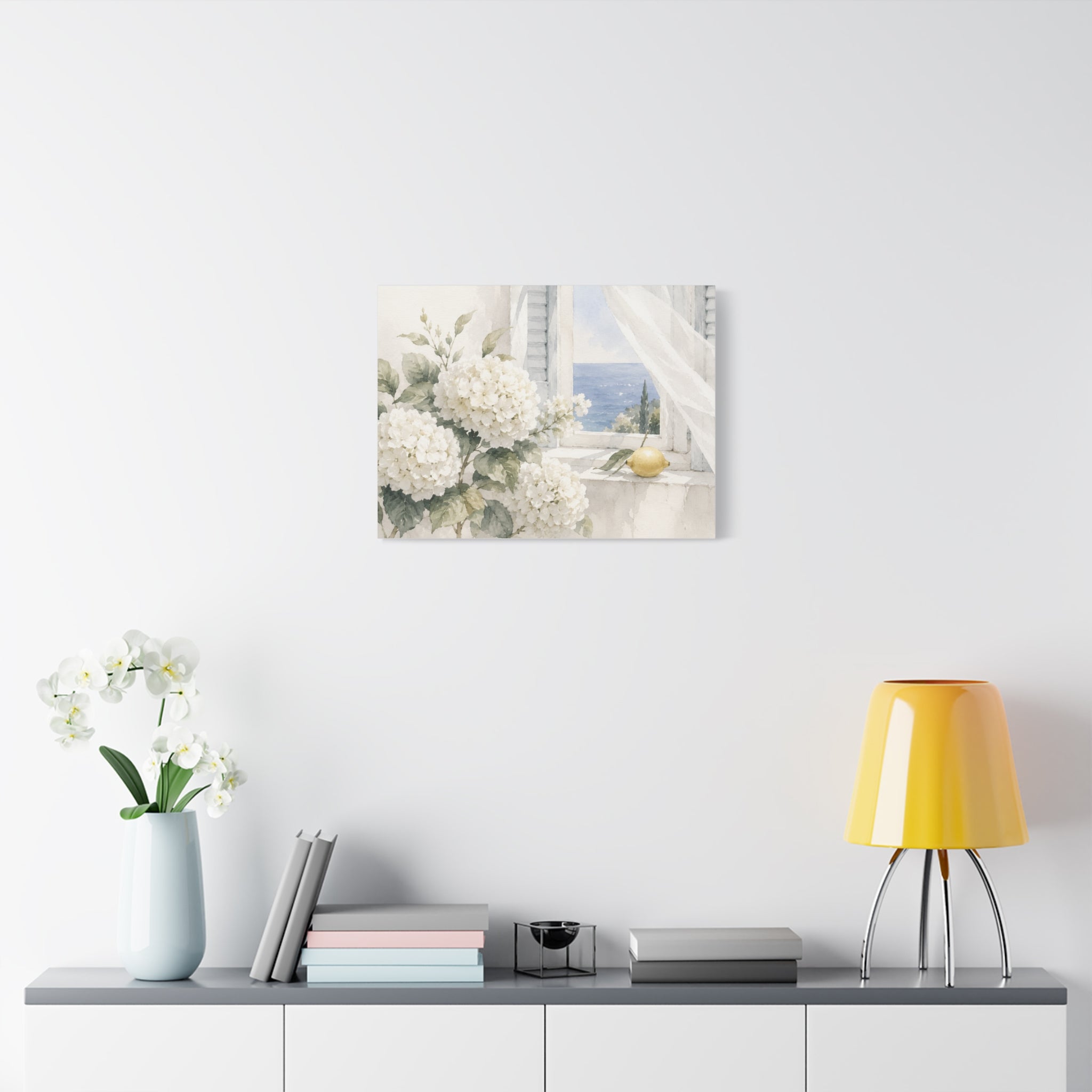 White Summer Window Canvas Wall Art, Hydrangea & Sea Watercolor Print, Coastal Cottage Bedroom Decor, Blue Seaside Art, Solen