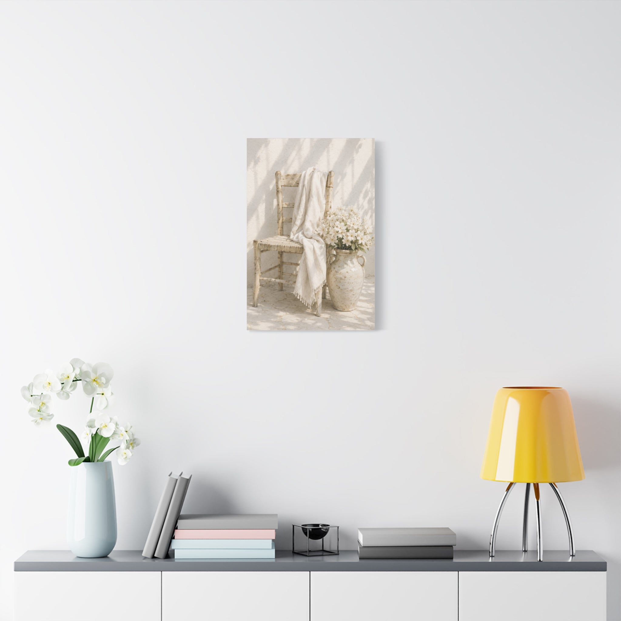 Neutral Cottage Chair Canvas Print, Rustic Chair with Vase Wall Art, Minimalist Mediterranean Decor, Beige Cottage Art, Solen