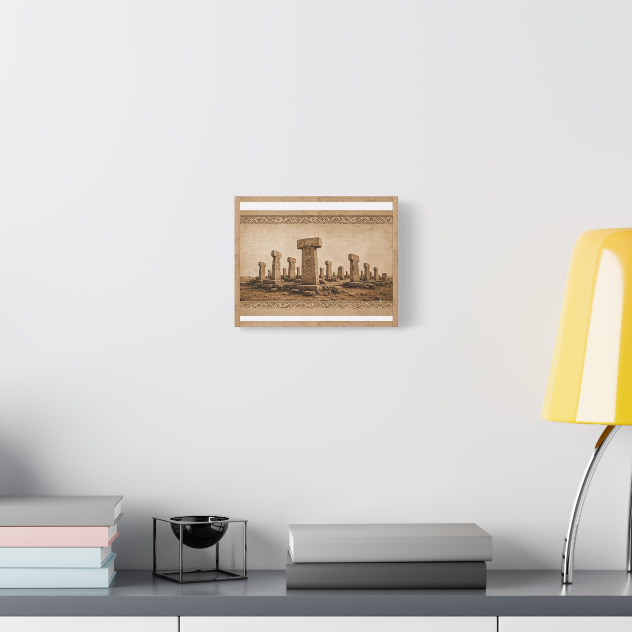 Göbeklitepe Wall Art Canvas, Ancient Stone Pillars Print, Sepia Archaeological Landscape, Anatolian Border Design, Large Wall Decor, Solen