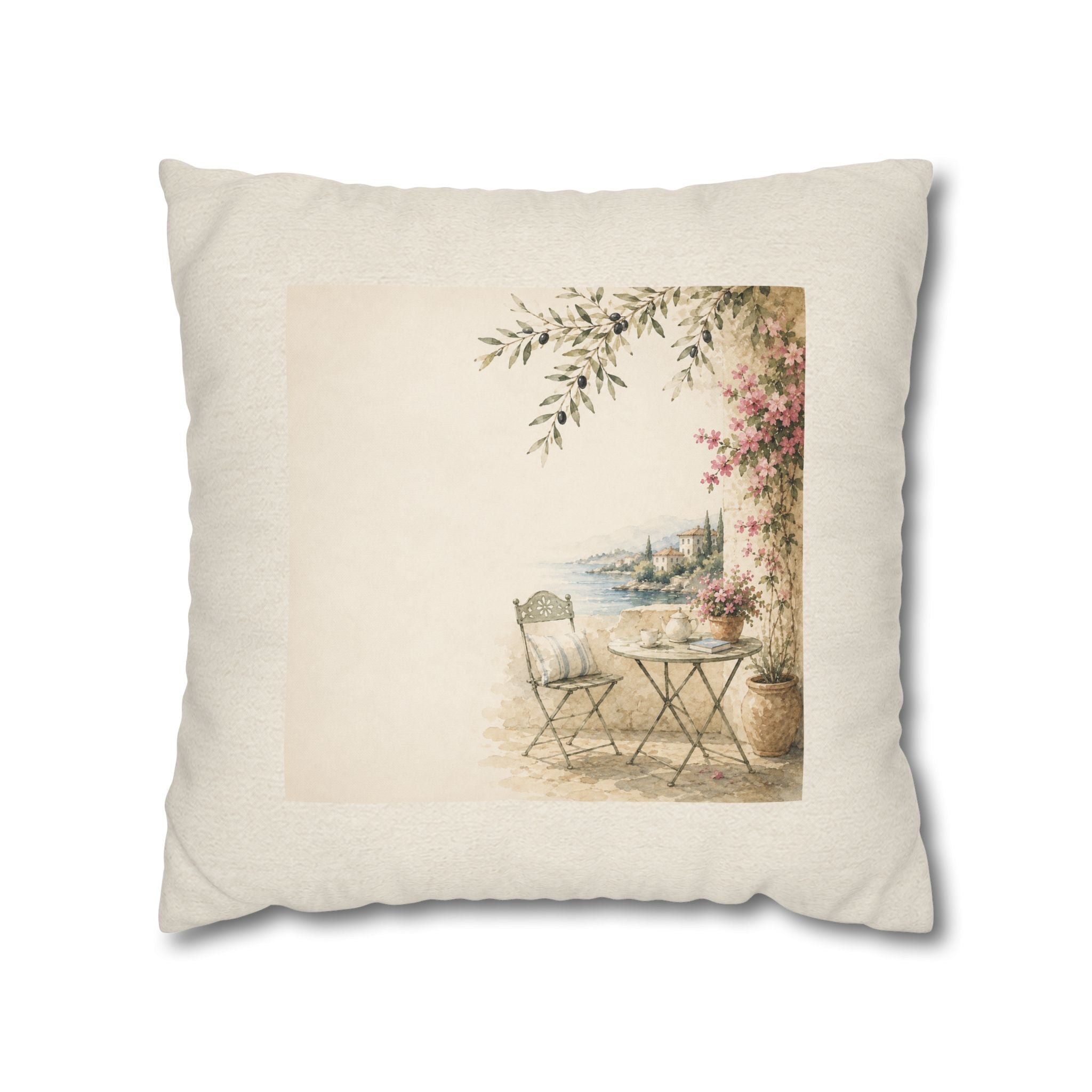 Mediterranean Terrace Illustration Throw Pillow Cover, Coastal Cafe Scene Cushion, Vintage Watercolor Sea View Decor, Square Pillow, Solen