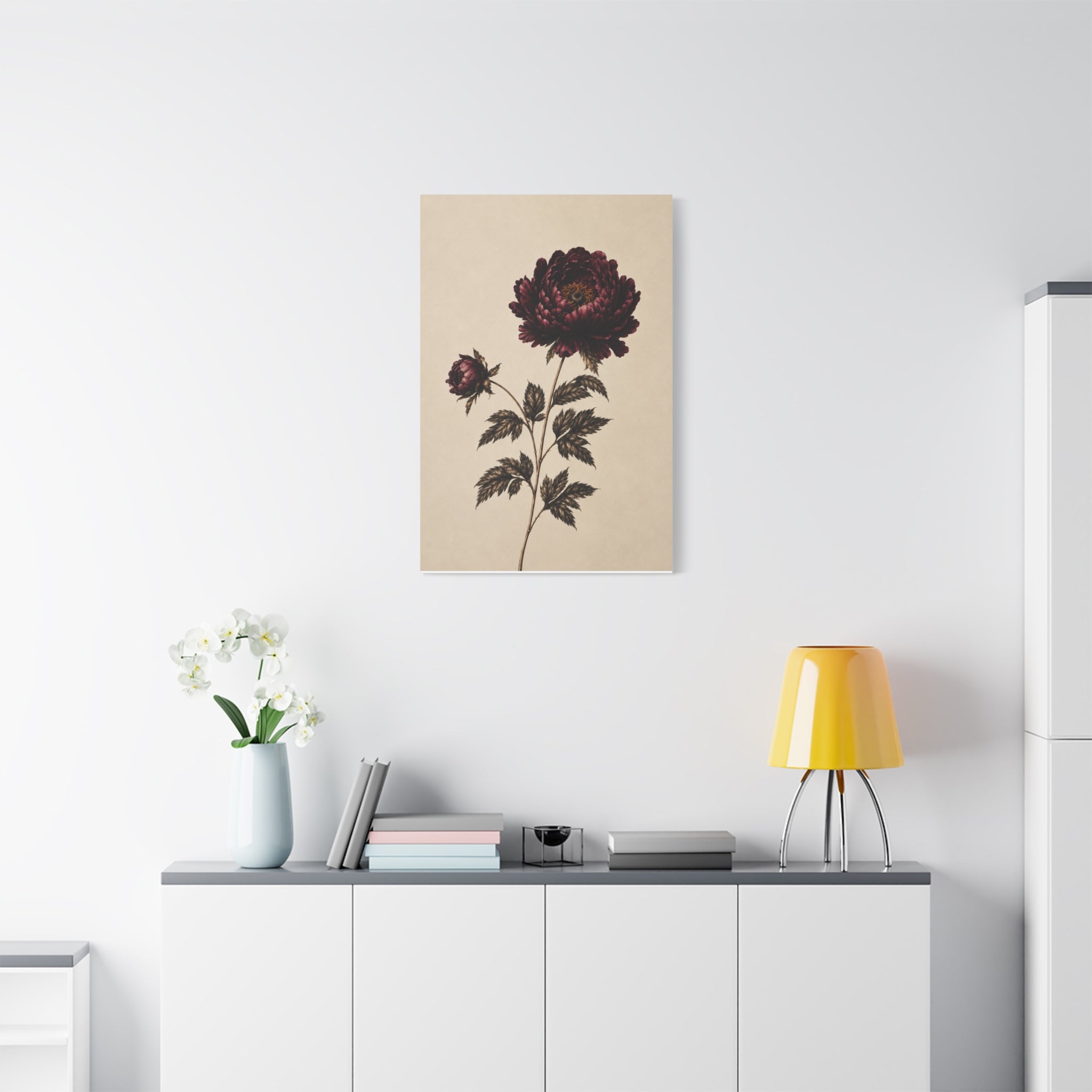 Vintage Botanical Canvas Print, Burgundy Chrysanthemum Wall Art, Dark Academia Floral Decor, Moody Antique Flower Art, Solen