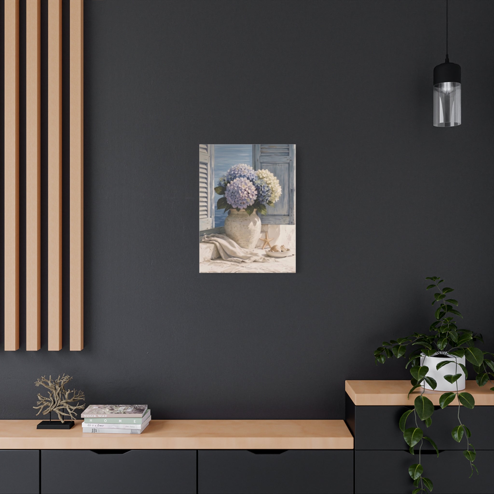 Coastal Hydrangea Canvas Wall Art, Blue Flowers by the Window Print, Mediterranean Seaside Decor, Botanical Living Room Art, Solen