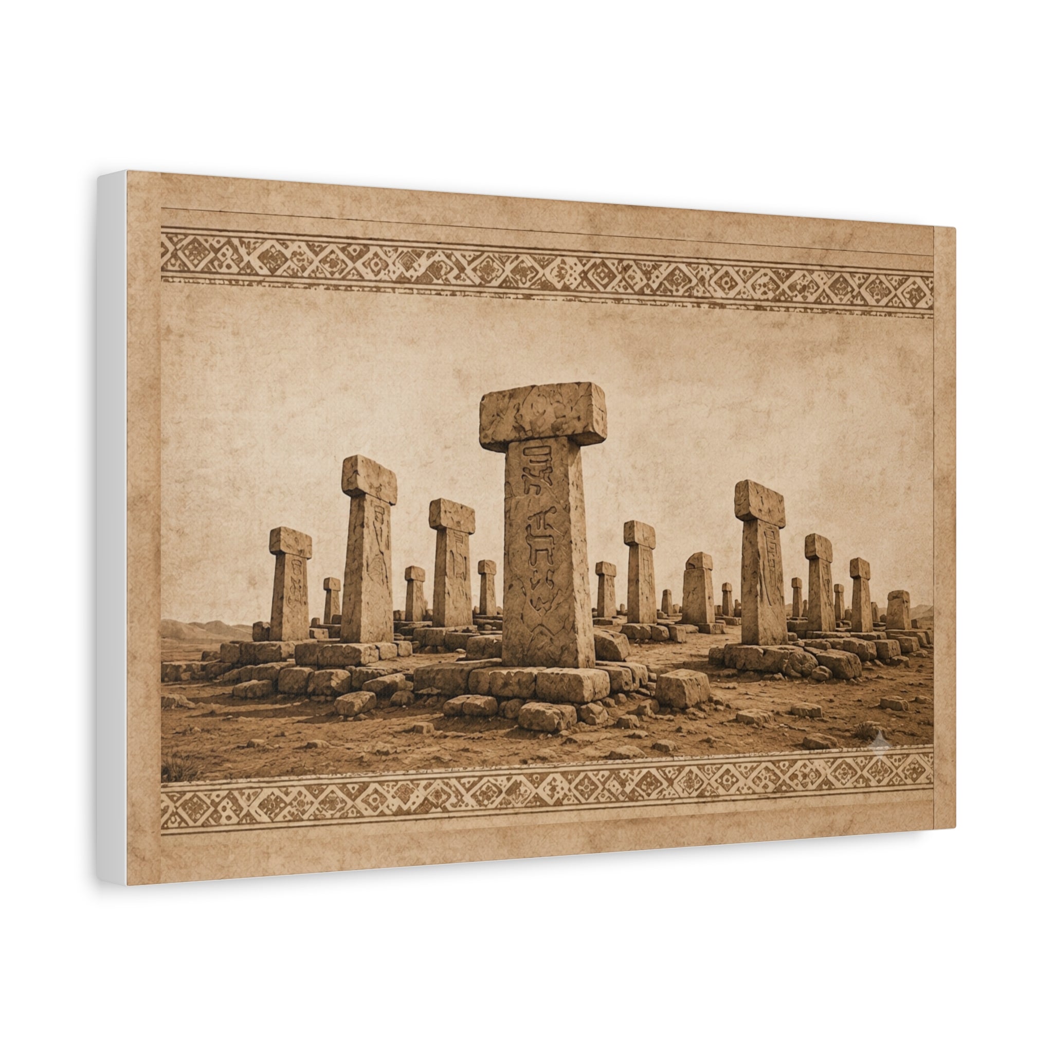 Göbeklitepe Wall Art Canvas, Ancient Stone Pillars Print, Sepia Archaeological Landscape, Anatolian Border Design, Large Wall Decor, Solen