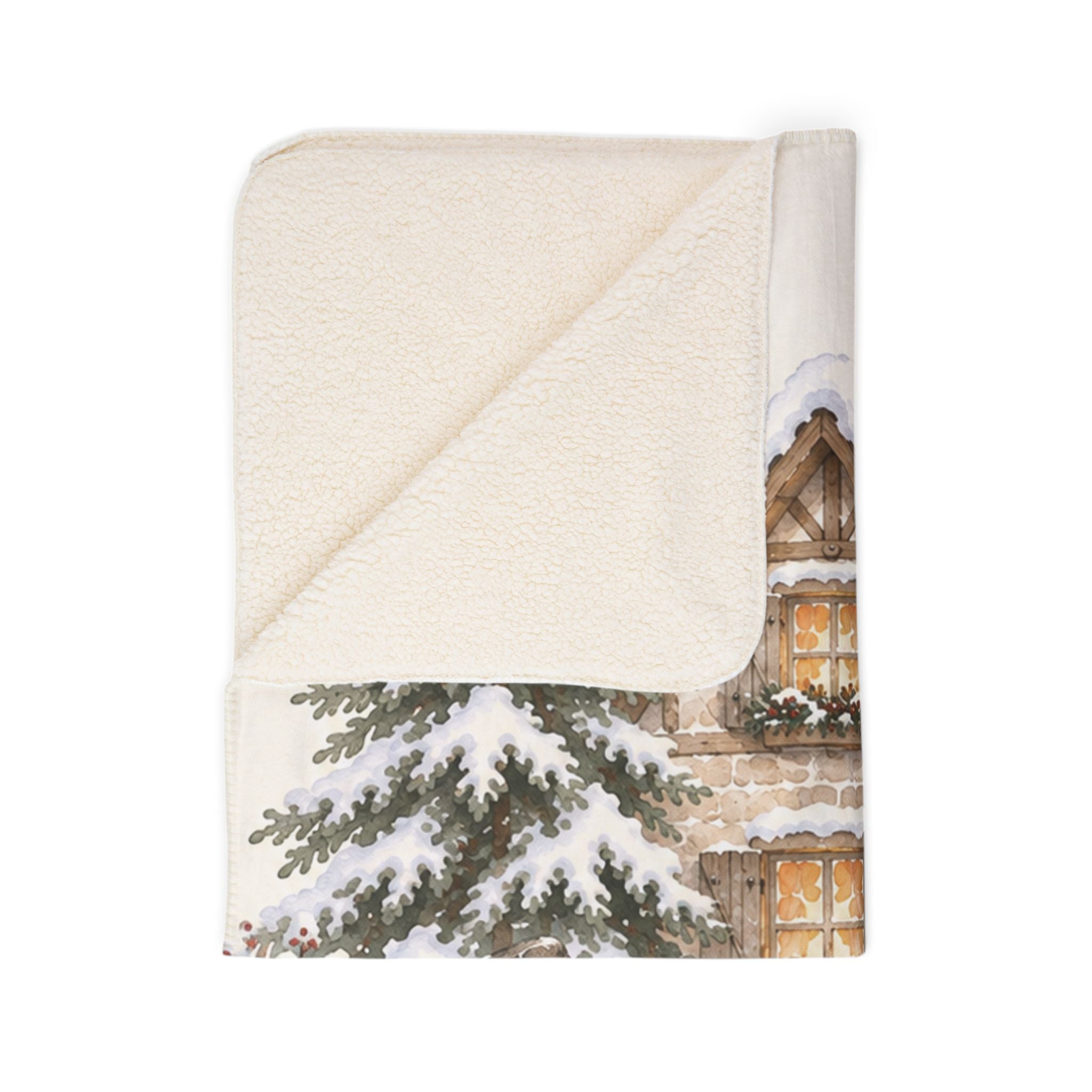Snowy Cottage Sherpa Blanket — Cozy Christmas Cabin Throw with Snowman