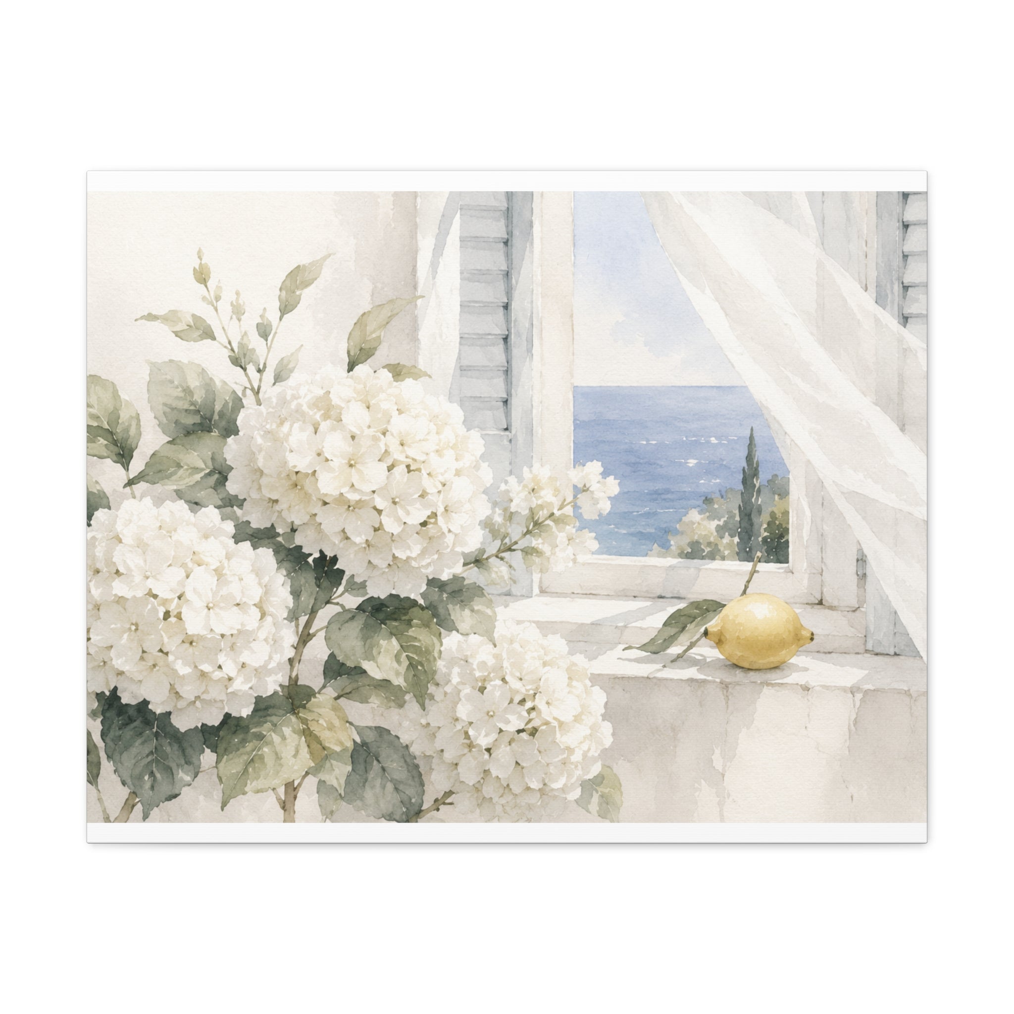 White Summer Window Canvas Wall Art, Hydrangea & Sea Watercolor Print, Coastal Cottage Bedroom Decor, Blue Seaside Art, Solen