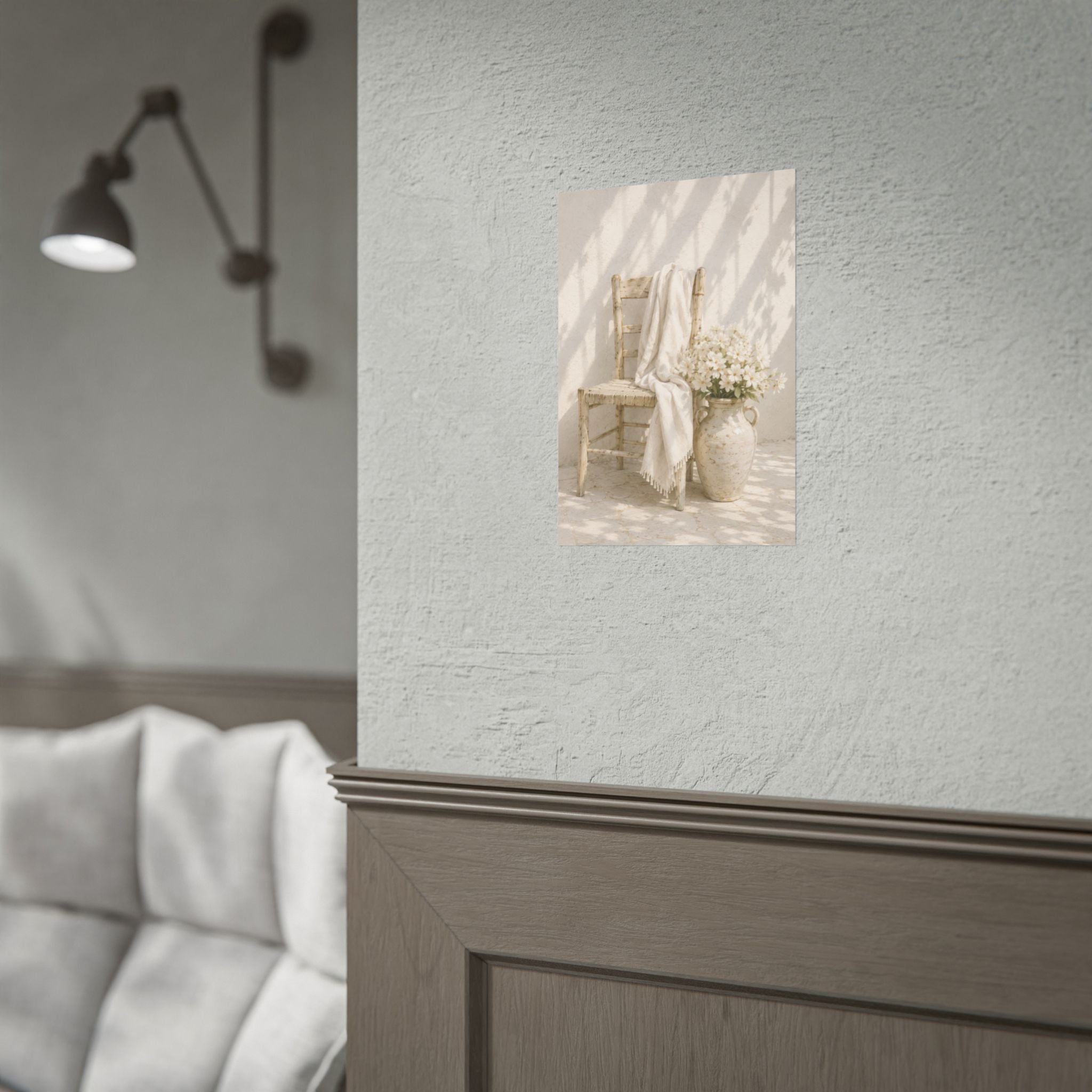 Mediterranean Poster, Neutral Coastal Wall Art, Rustic Chair & White Flowers Print, Minimalist Mediterranean Home Decor, Solen