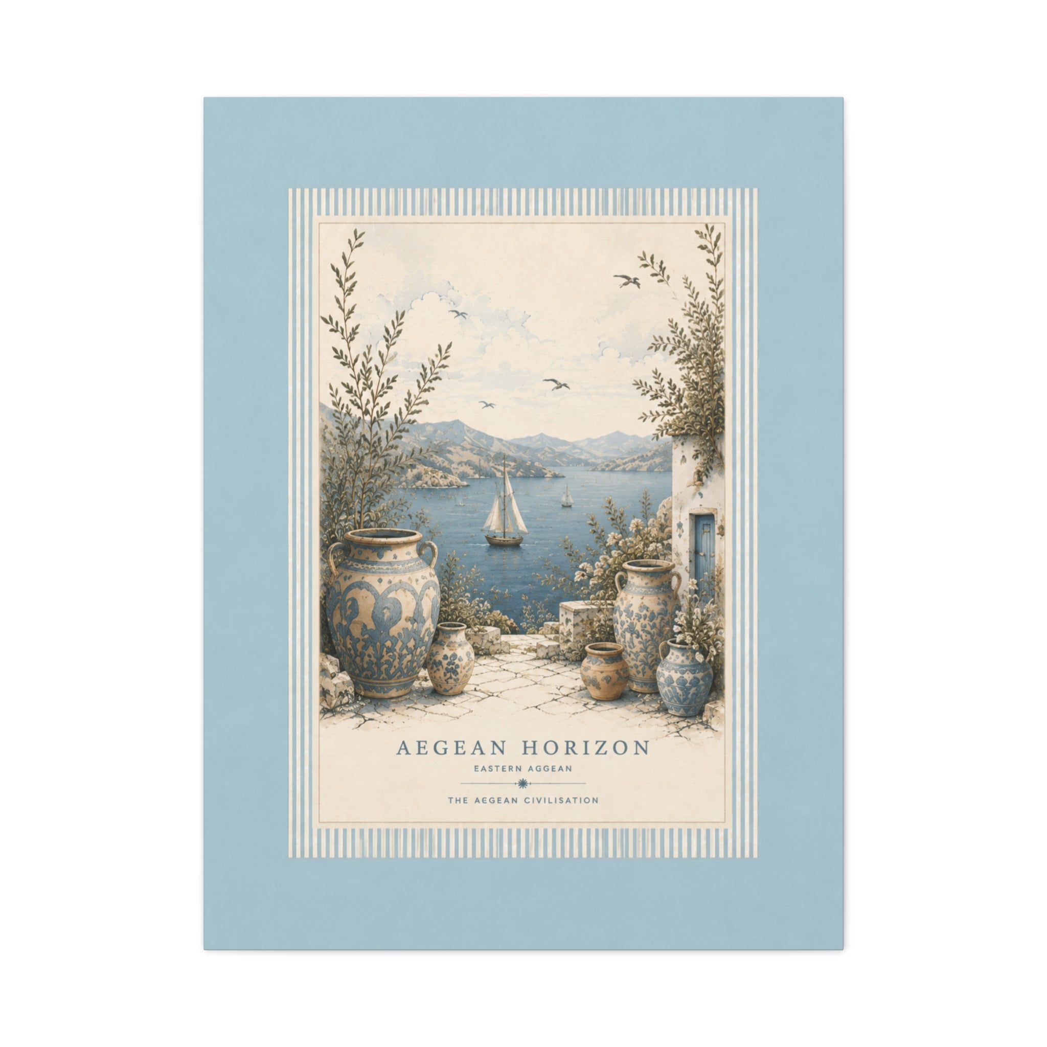 Eastern Aegean Coastal Illustration - Blue Ceramic Vase Art Decor - Mediterranean Coastal Wall Art - Solen