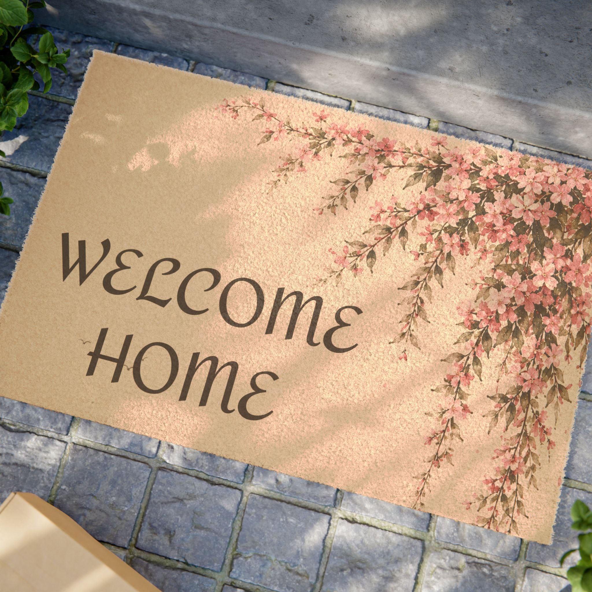 Welcome Home Floral Doormat, Pink Blossoms Entry Mat, Cottagecore Porch Decor, Spring Housewarming Gift, Solen