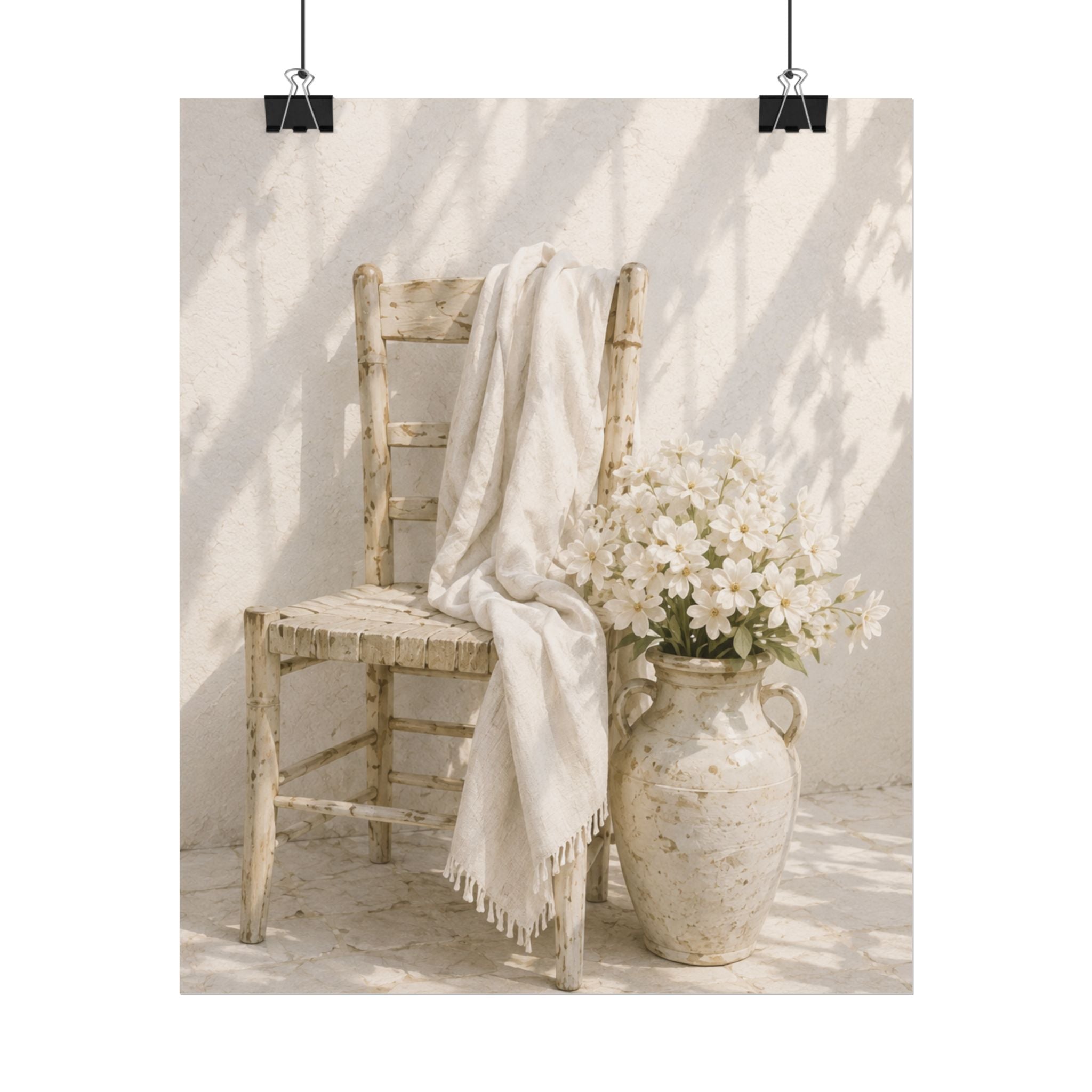 Mediterranean Poster, Neutral Coastal Wall Art, Rustic Chair & White Flowers Print, Minimalist Mediterranean Home Decor, Solen