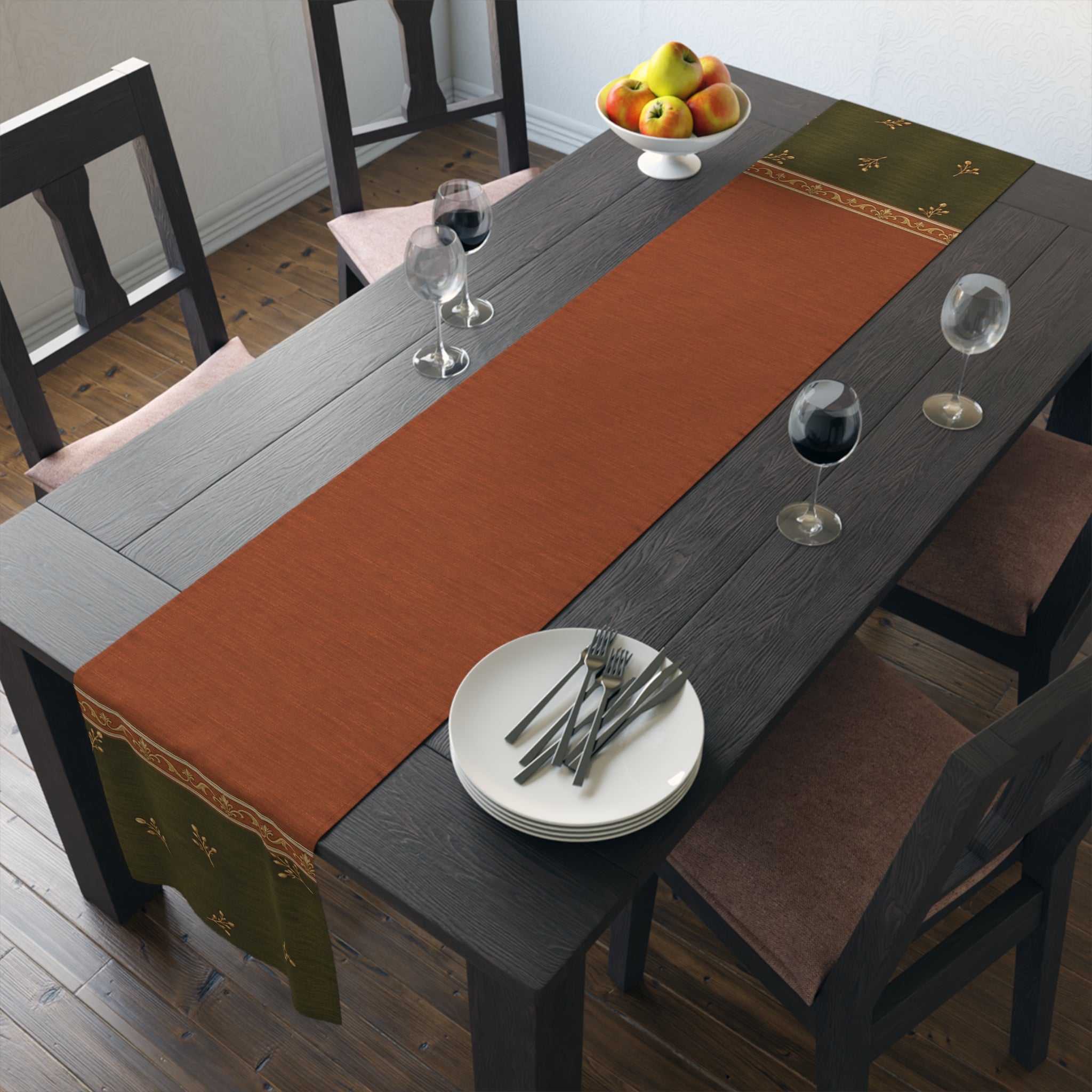 Rustic Olive & Terracotta Table Runner — Floral Border Cotton-Poly Blend