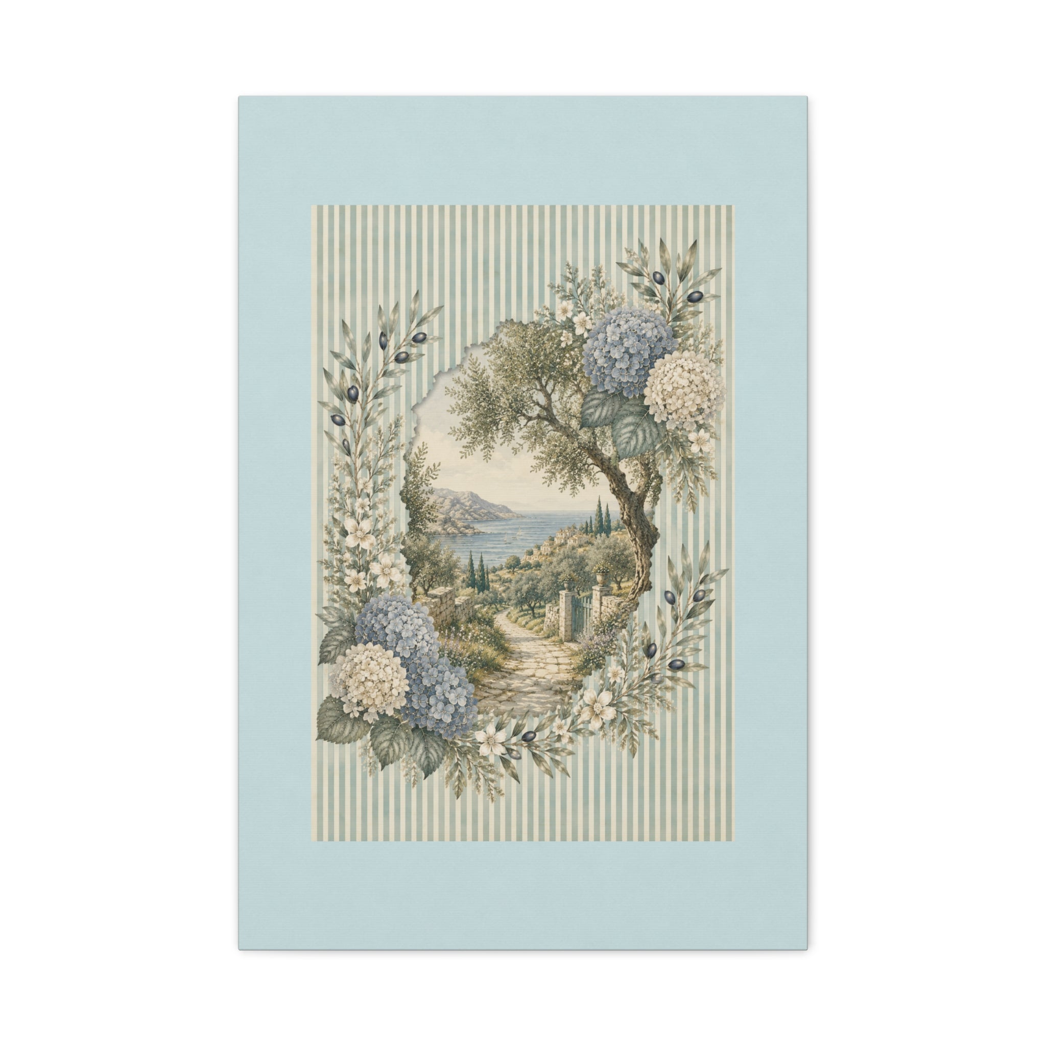 Coastal Garden Canvas Wall Art, Vintage Hydrangea Seaside Landscape Print, Blue Flower Coastal Decor, Cottage Wall Art, Solen