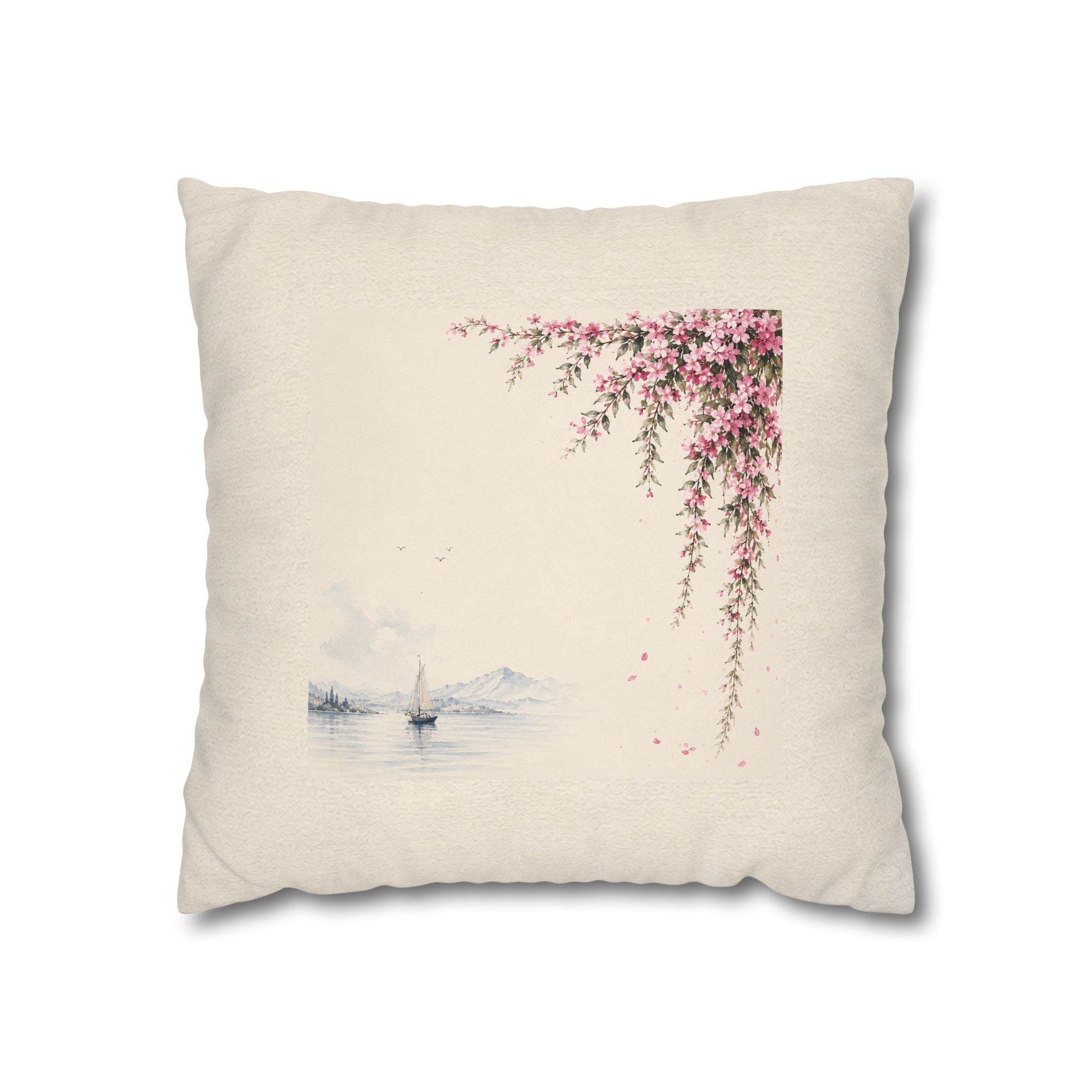 Watercolor Cherry Blossom Branch Throw Pillow Cover, Japanese Sakura Sailboat Cushion, Zen Minimalist Home Decor, Square Pillow, Solen