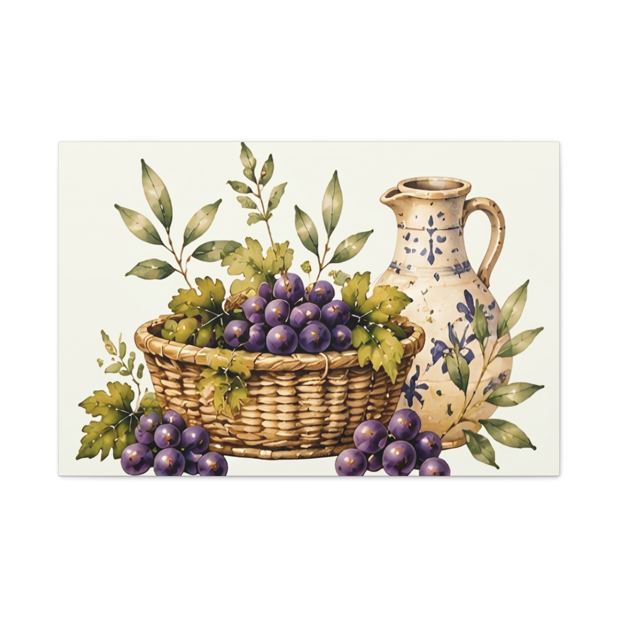 Grapes & Pitcher Matte Canvas Wall Art, Rustic Tuscan Kitchen Decor, Vintage Fruit Still Life Print, Dining Room Art, Solen