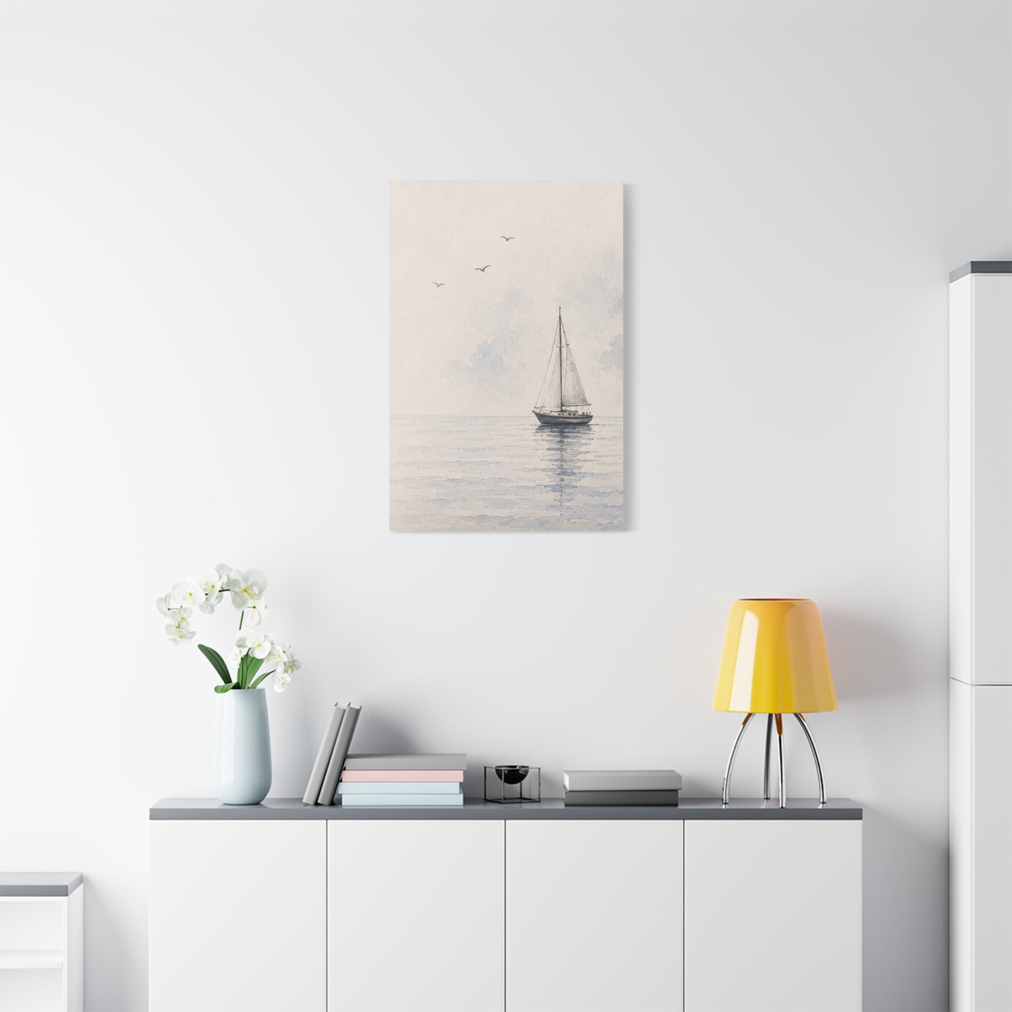Sailboat Seascape Matte Canvas Print, Coastal Nautical Wall Art, Blue Ocean Boat Decor, Beach House Living Room Art, Solen