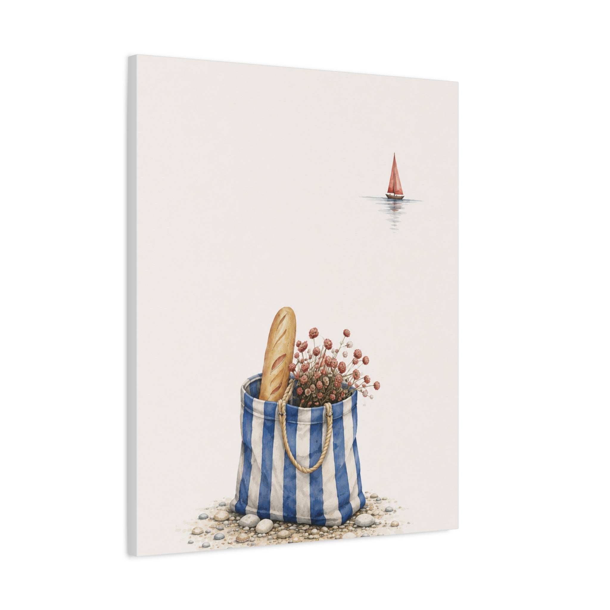 Market Bag by the Sea Canvas Print – Blue & Salt Mediterranean Kitchen Wall Art | Solen