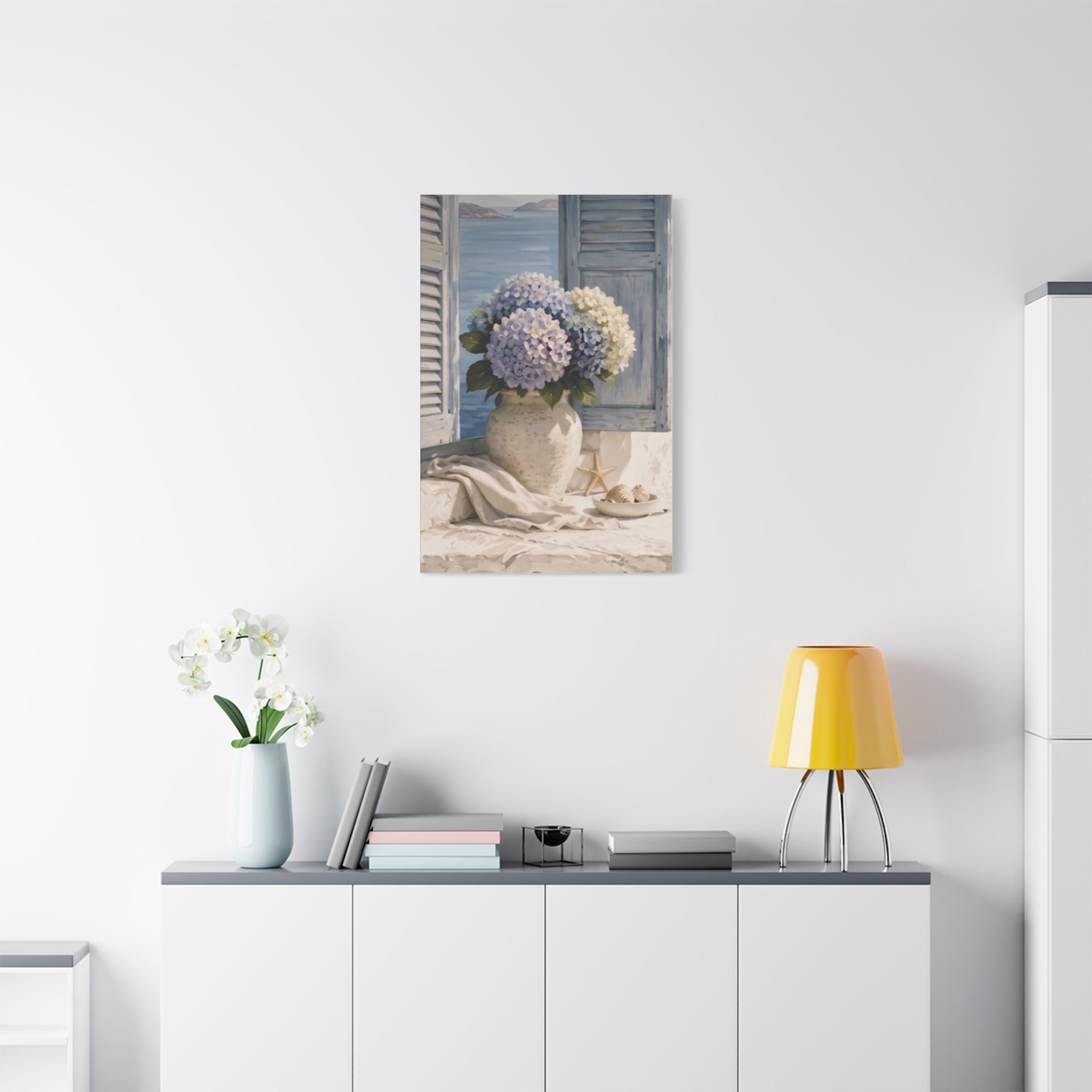 Coastal Hydrangea Canvas Wall Art, Blue Flowers by the Window Print, Mediterranean Seaside Decor, Botanical Living Room Art, Solen