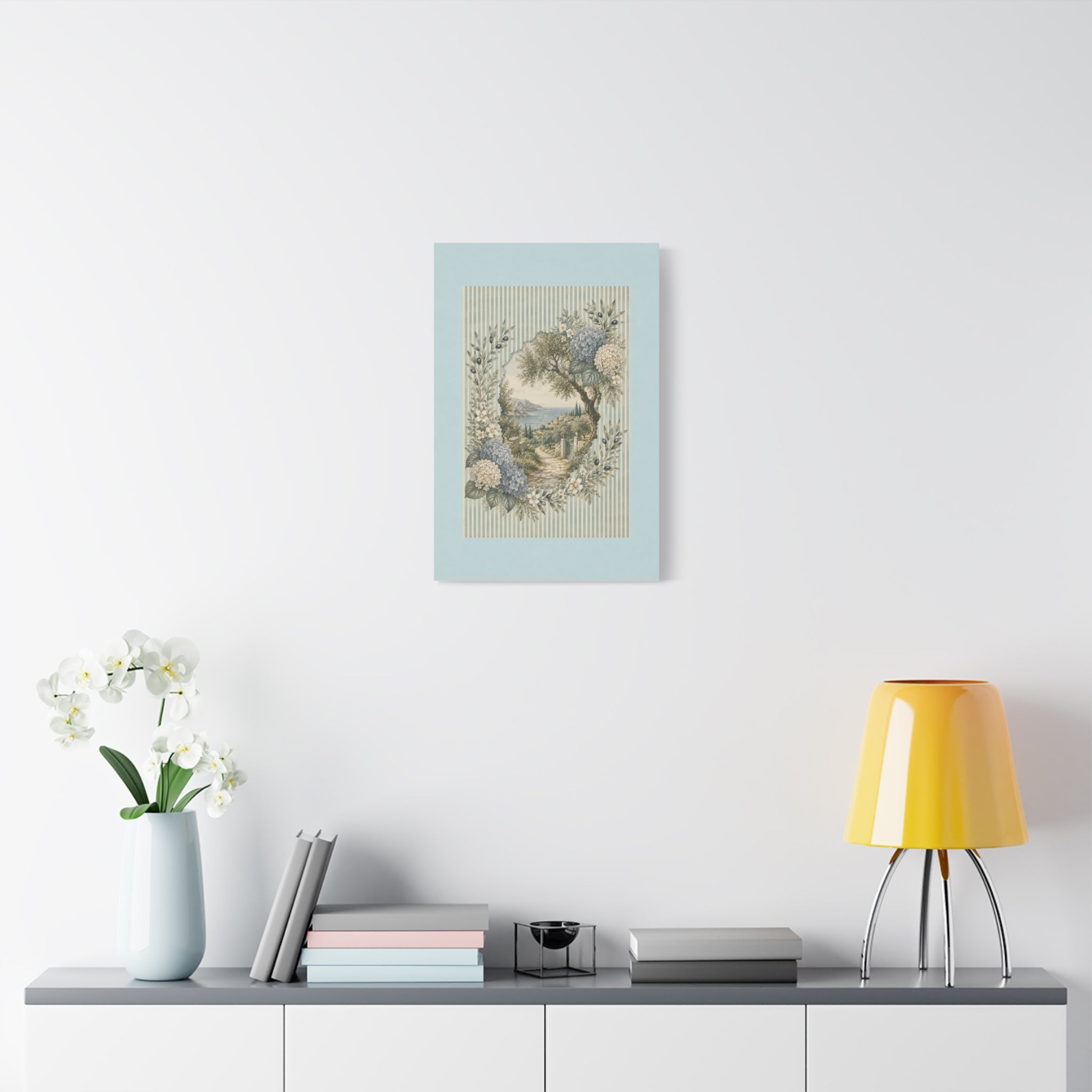 Coastal Garden Canvas Wall Art, Vintage Hydrangea Seaside Landscape Print, Blue Flower Coastal Decor, Cottage Wall Art, Solen