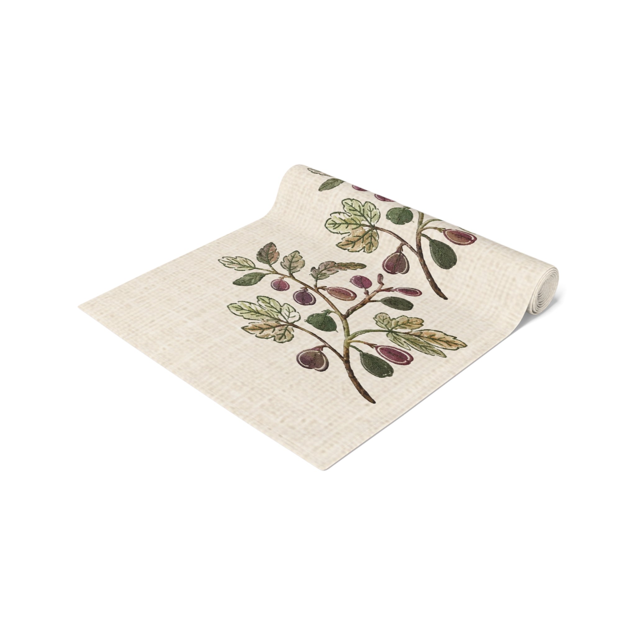 Fig Branch Botanical Table Runner, Cotton Mediterranean Runner, Neutral Fig Tree Kitchen Decor, Rustic Dining Linen, Solen