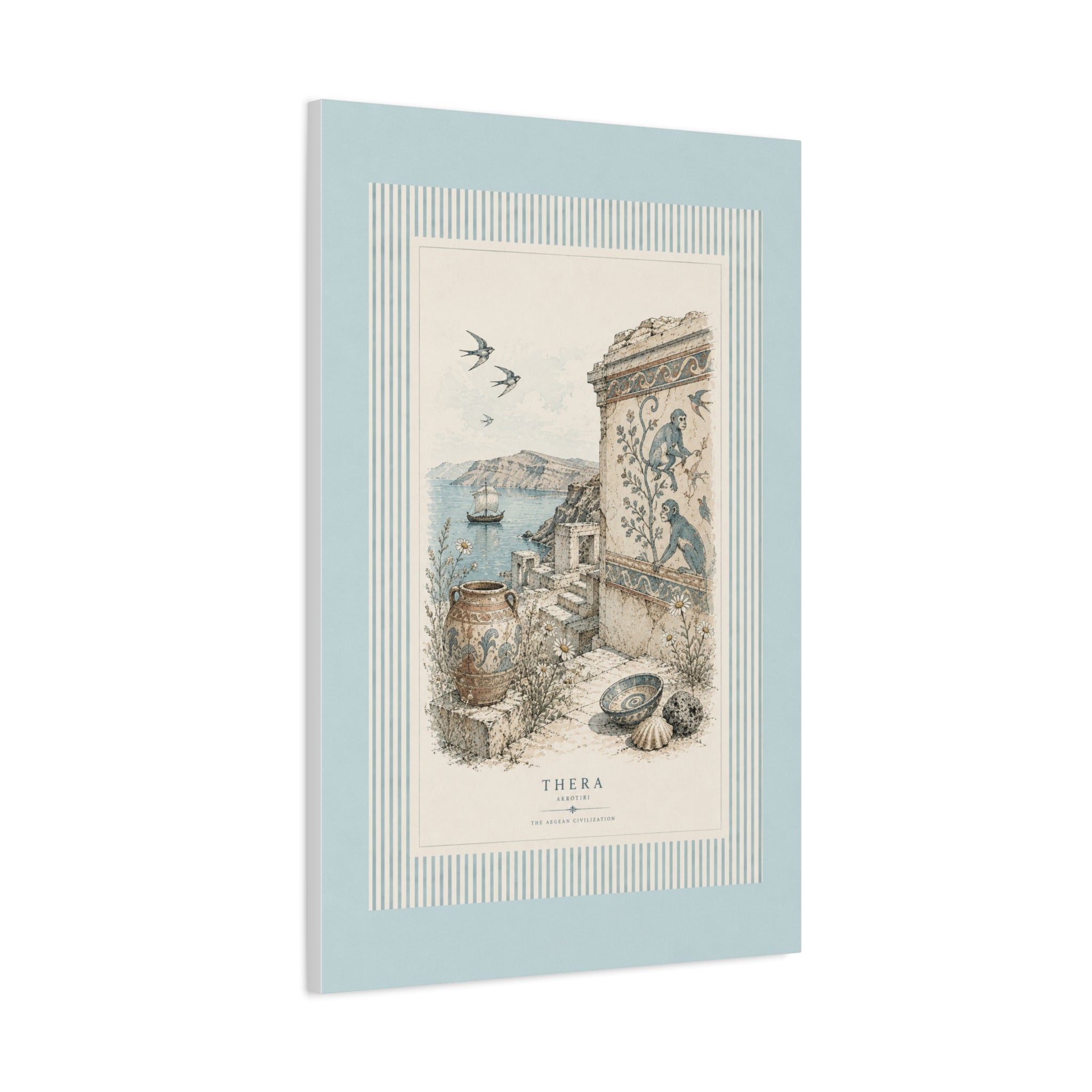 Thera Aegean Fresco Canvas Wall Art | Ancient Minoan Monkey & Ruins Illustration | Coastal Blue Home Decor, Solen