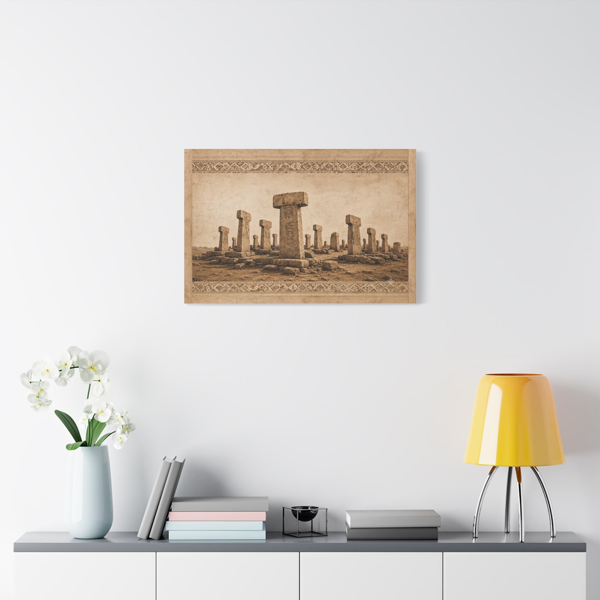 Göbeklitepe Wall Art Canvas, Ancient Stone Pillars Print, Sepia Archaeological Landscape, Anatolian Border Design, Large Wall Decor, Solen