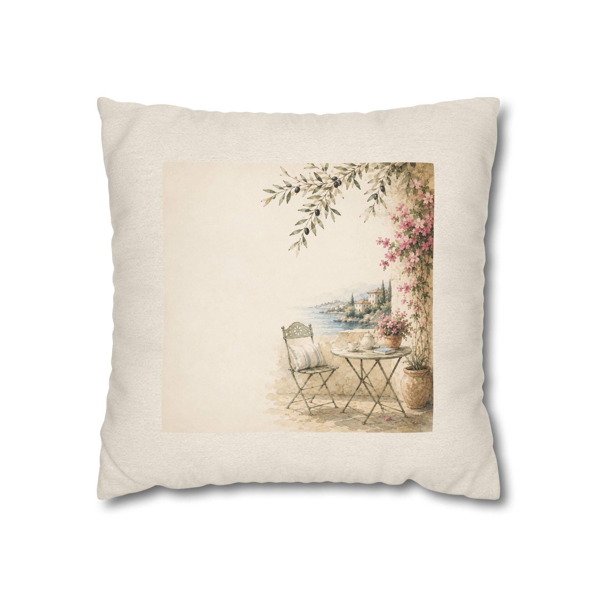 Mediterranean Terrace Illustration Throw Pillow Cover, Coastal Cafe Scene Cushion, Vintage Watercolor Sea View Decor, Square Pillow, Solen