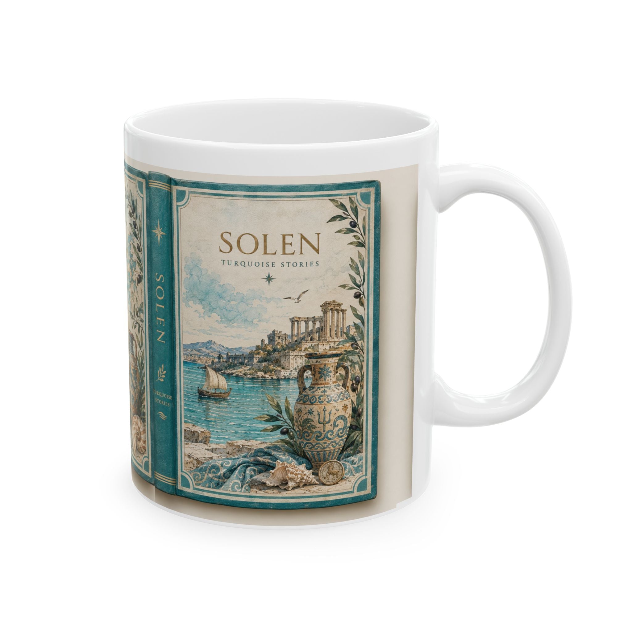Mediterranean Vintage Label Ceramic Mug, Coastal Coffee Cup, Retro Kitchen Decor, Gift for Coffee Lovers, Solen